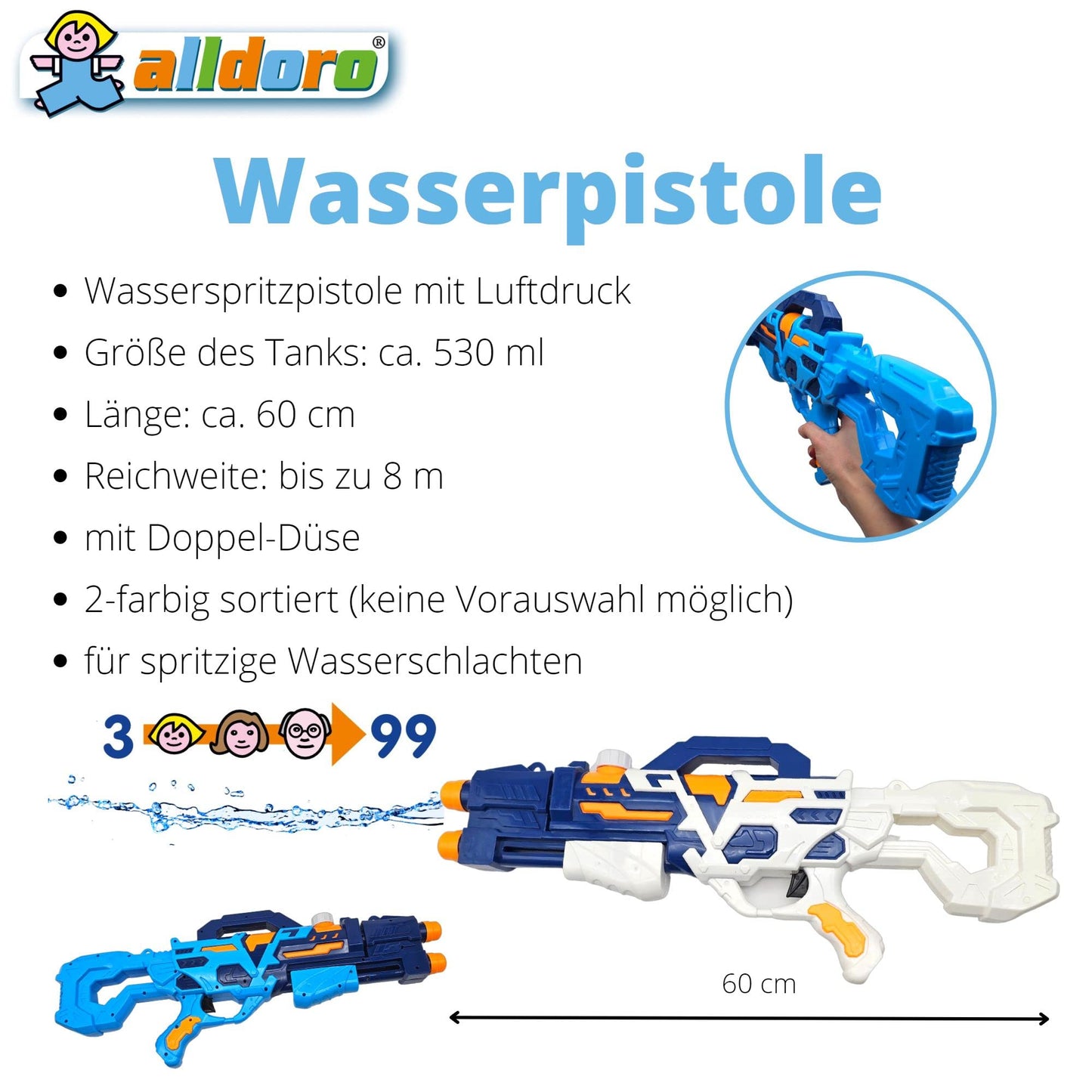 alldoro 60103 Water Power Wasserpistole ca. 27 cm, Reichweite bis zu 8 Meter, Wasserkanone mit 240 ml Wassertank, für Kinder ab 3 Jahren