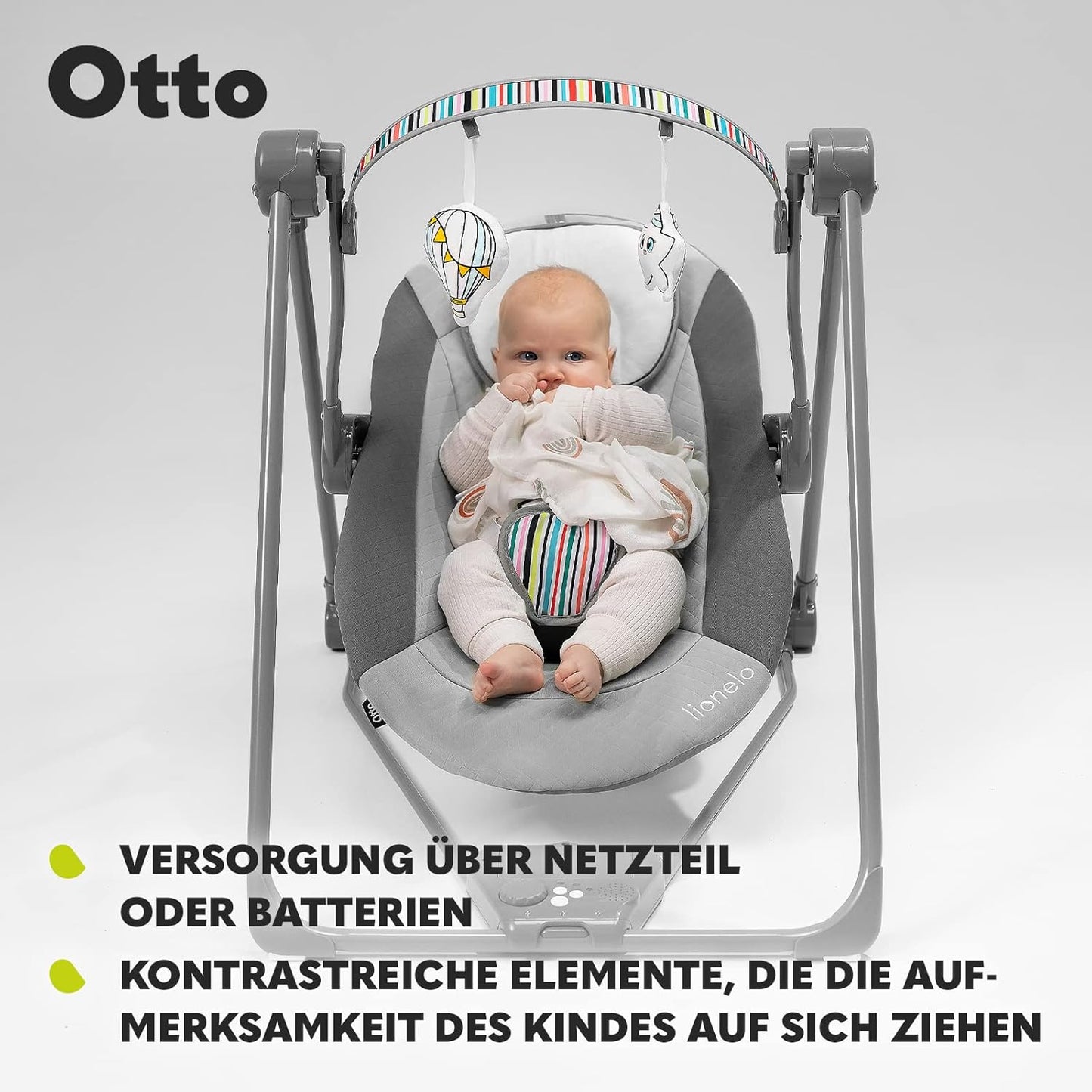 LIONELO Otto Baby Seesaw, Baby Swing, Play Arch with Interactive Toys, 5 Swing Speeds, Nature Sounds, from Birth to 9 kg, Foldable (Cozy Grey) (Pink)