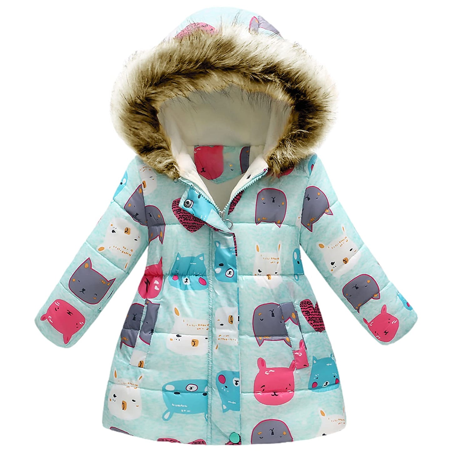 amropi Girls' Floral Winter Jacket with Fur Hood Warm Winter Coat Children's Jacket for 2-10 Years
