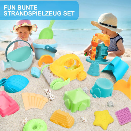 GOLDGE Sand Toy Set, 29 Pieces, Colourful Beach Toy, Sand Toy Set with Car Bucket, Castle Shapes, Mesh Bag, Water Toy for Boys and Girls