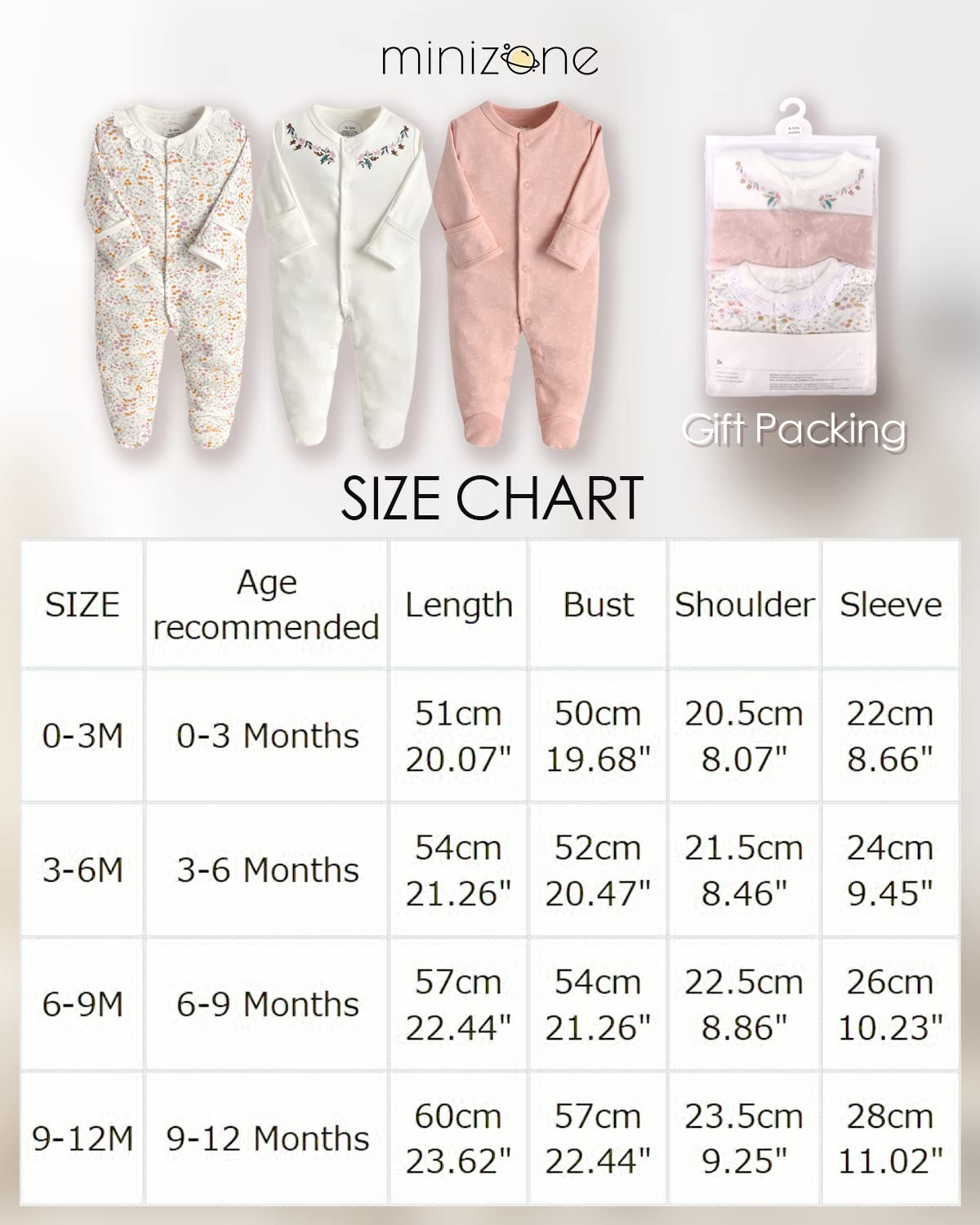 Minizone Baby Schlafstrampler 3er Pack, Pyjamas Langarm Strampler Jungen Mädchen Geschenk 9-12 Monate