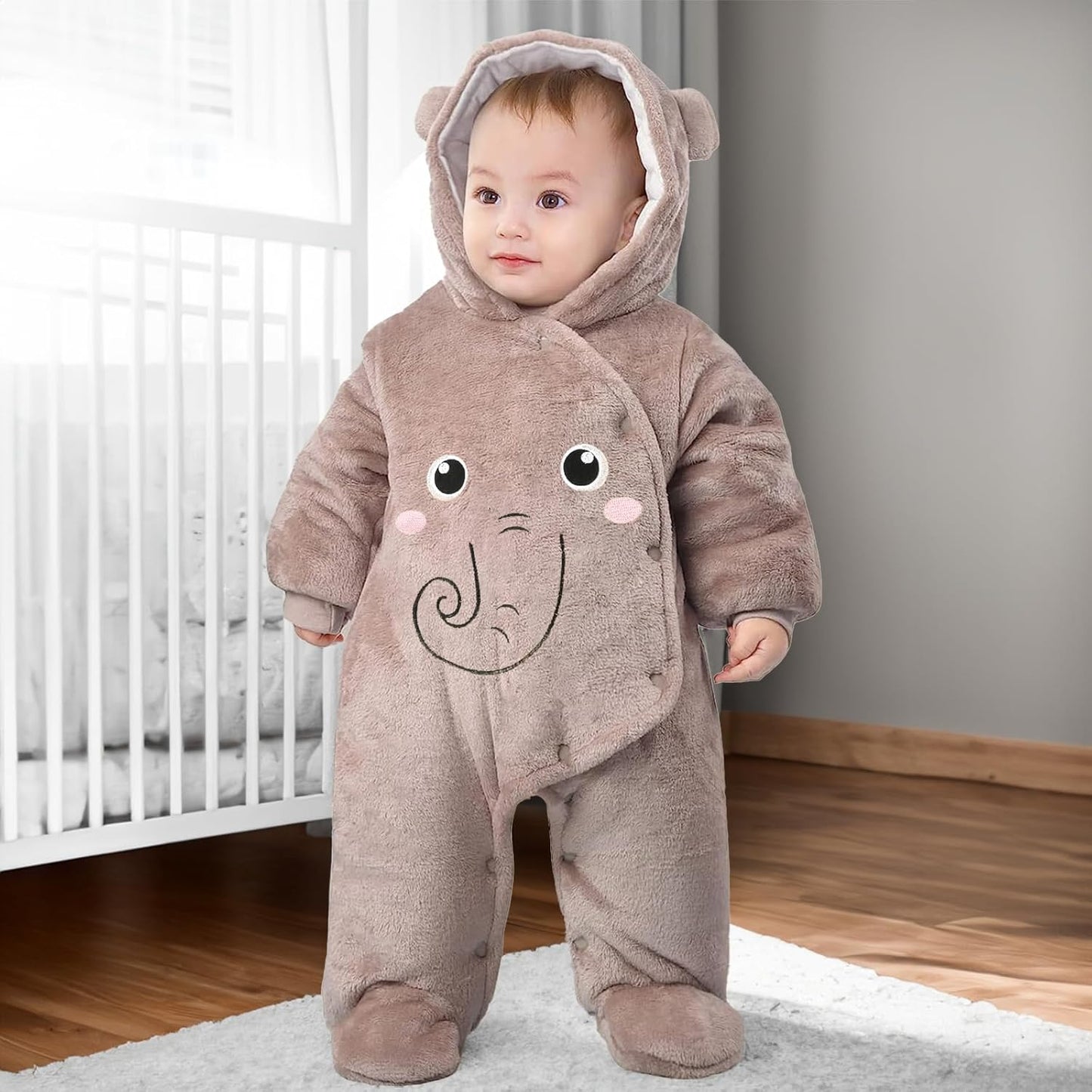 JiAmy Baby-Overall Baby-Strampler Flanell Winter-Strampelanzug mit Füßchen Kapuze Cartoon,Khaki 6-9 Monate