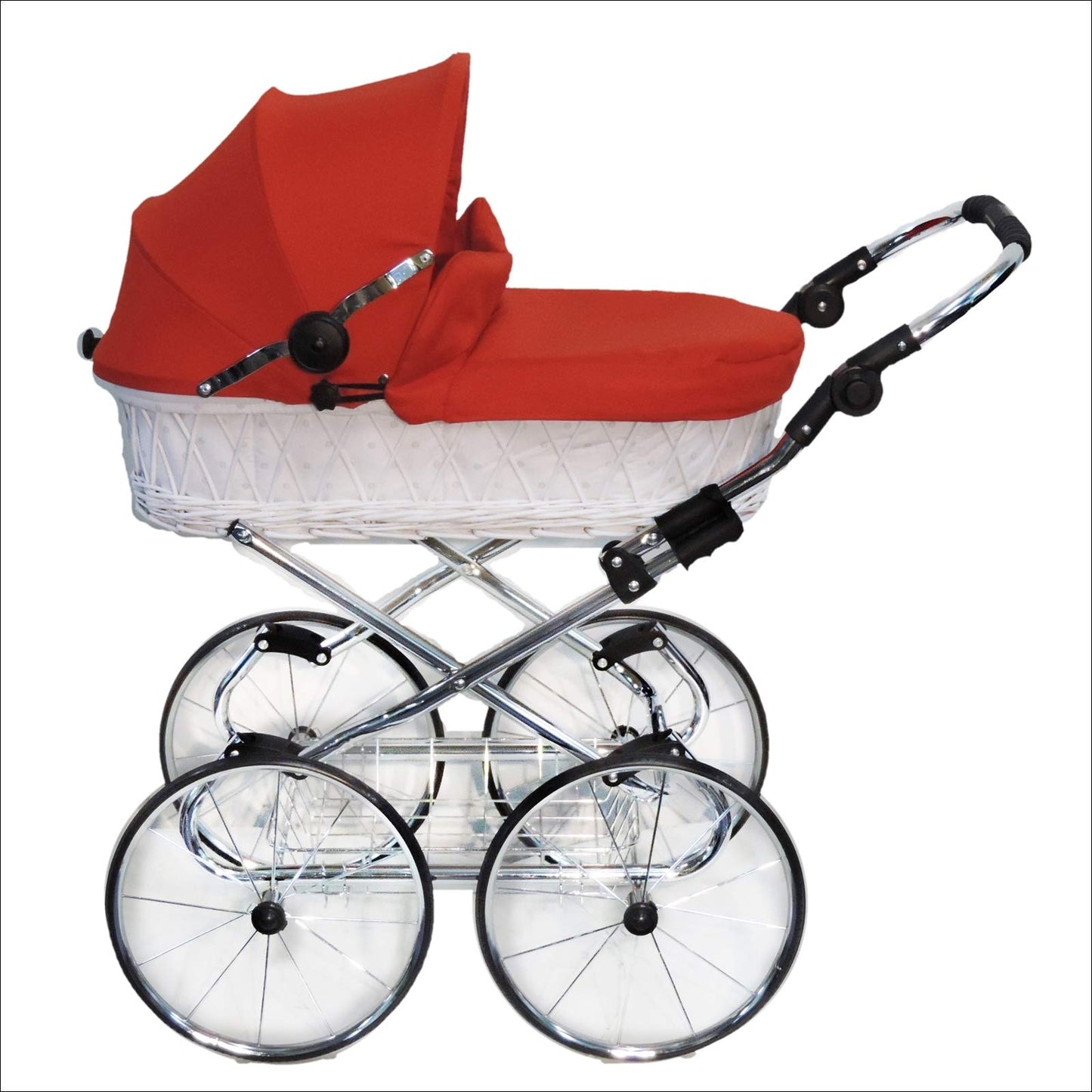 EICHHORN Kinderwagen Wicker Basket Doll's Pram Retro Toy Classic (Basket Natural, Fabric Navy Blue)