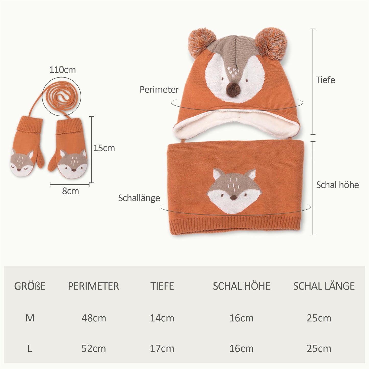 DORRISO Unisex-Baby Jungen Mädchen Mütze Schal Handschuh Set Niedlich Frühling Winter Herbst Beanie Strickmütze Warm Niedlich Klein Fuchs Wintermütze 1-6 Jahre alt