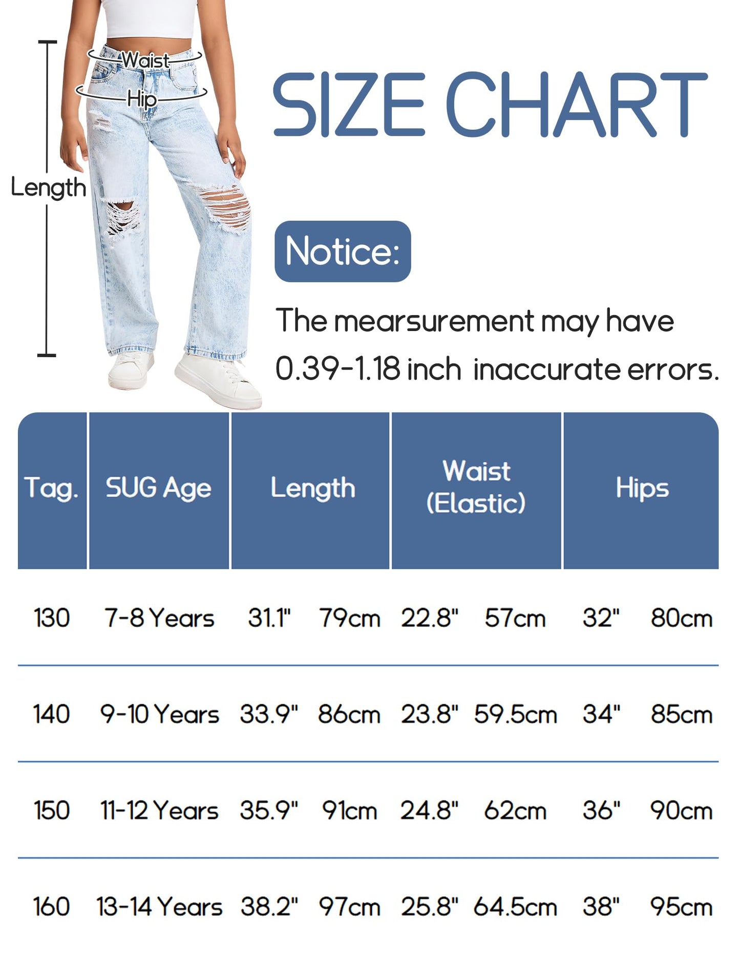 Happy Cherry Mädchen Jean Hosen Loch Wash Denim Blau Hose Kinder Elastische Taille Vintage Jeans Weites Bein Jeanshosen 130-160