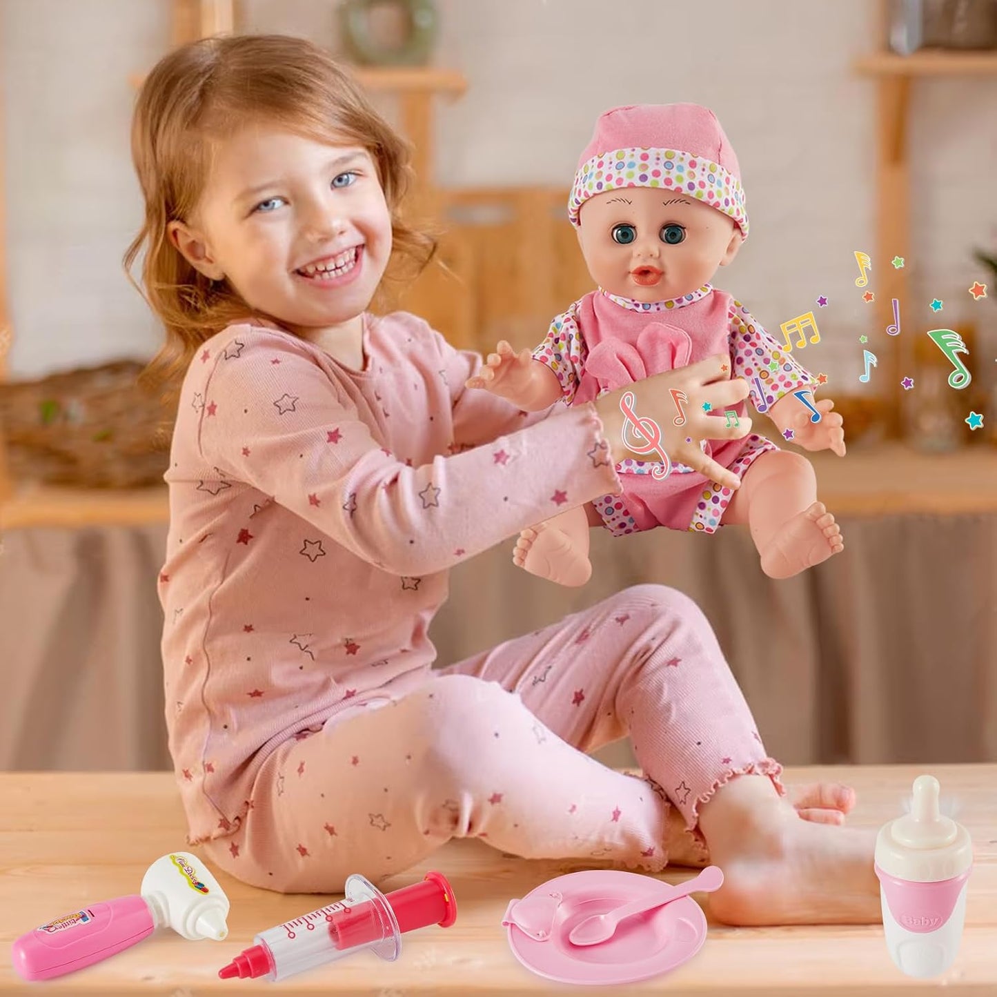 HERSITY Babypuppen Spielset mit 12 Ton und Automatisches Öffnen und Schließen Augen, Puppen Kleider Doktorkoffer Kinder, Lernspielzeug Rollenspiele 2 3 Jährige Mädchen