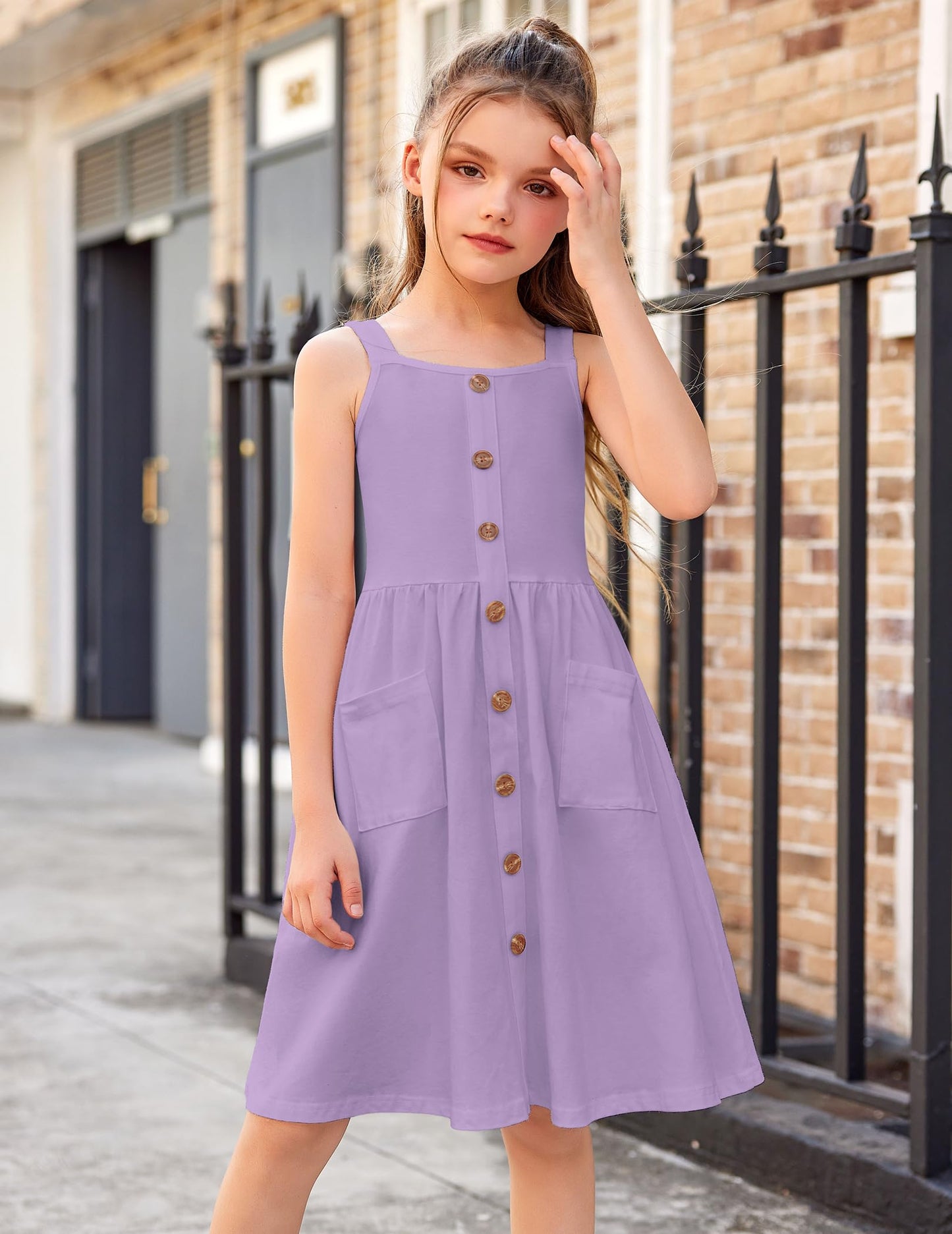 Arshiner Girls Dresses Sleeveless Children's Dress Button Front Strap Dress Summer Cotton Swing Dress Festive A-Line Casual Dress Elegant Dress for Girls 5-14 Years