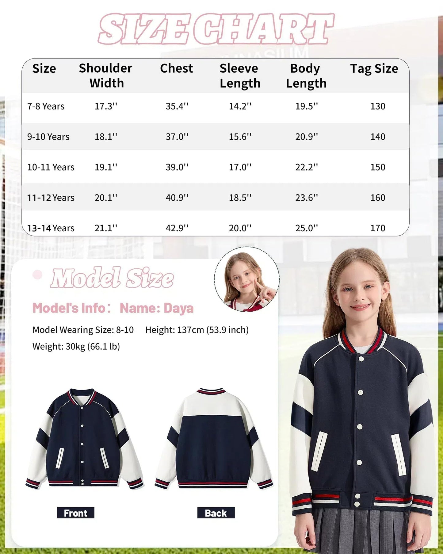 Rolanko Girls Baseball Jacket Boys Varsity Style Sweat Jacket with Pockets for School Bomber Coat for Children