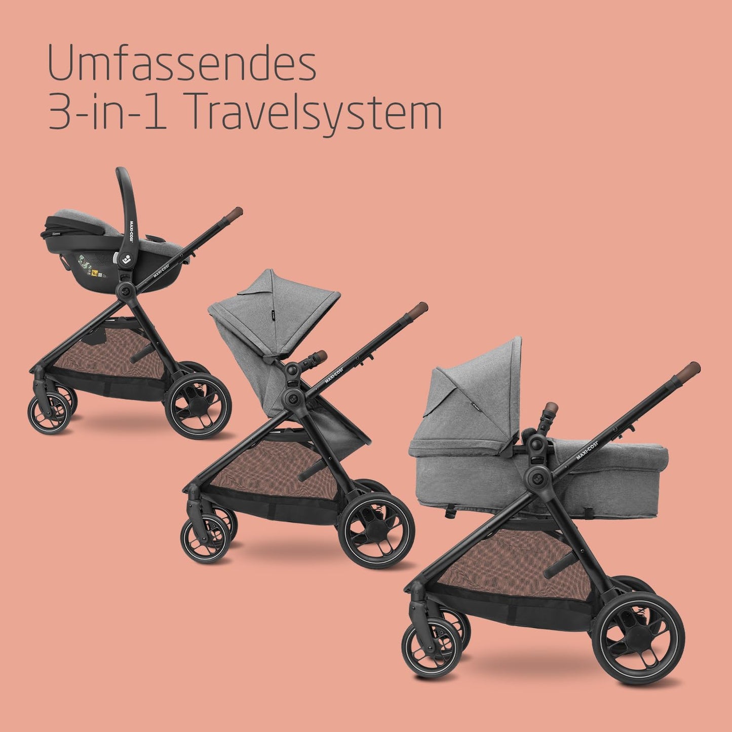 Maxi-Cosi Zelia S Trio 3-in-1 Complete Set, 0–4 Years, up to 22 kg, Foldable, Compact, Adjustable Baby Pram, with CabrioFix S i-Size Baby Seat, Accessories, Changing Bag, Grey - Meloni2