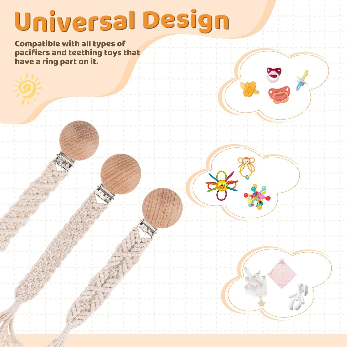 IOSPKKIO® 3 Stück Schnullerclip für Jungen und Mädchen, Schnullerhalter, mit Holzklammern, Handgefertigt, Geflochtene Baumwolle, Babyparty, Geburtstagsgeschenk(Beige)