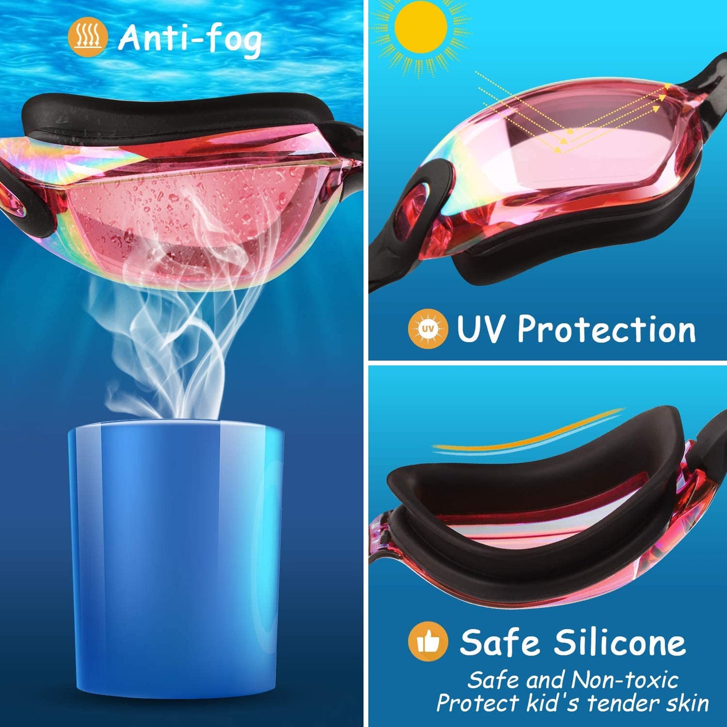 COOLOO Schwimmbrille Kinder, 2 Stück Schwimmbrille für Kinder Kind Jungen Mädchen Junior 3-15 Jahre,Anti-Fog,Kein Auslaufen