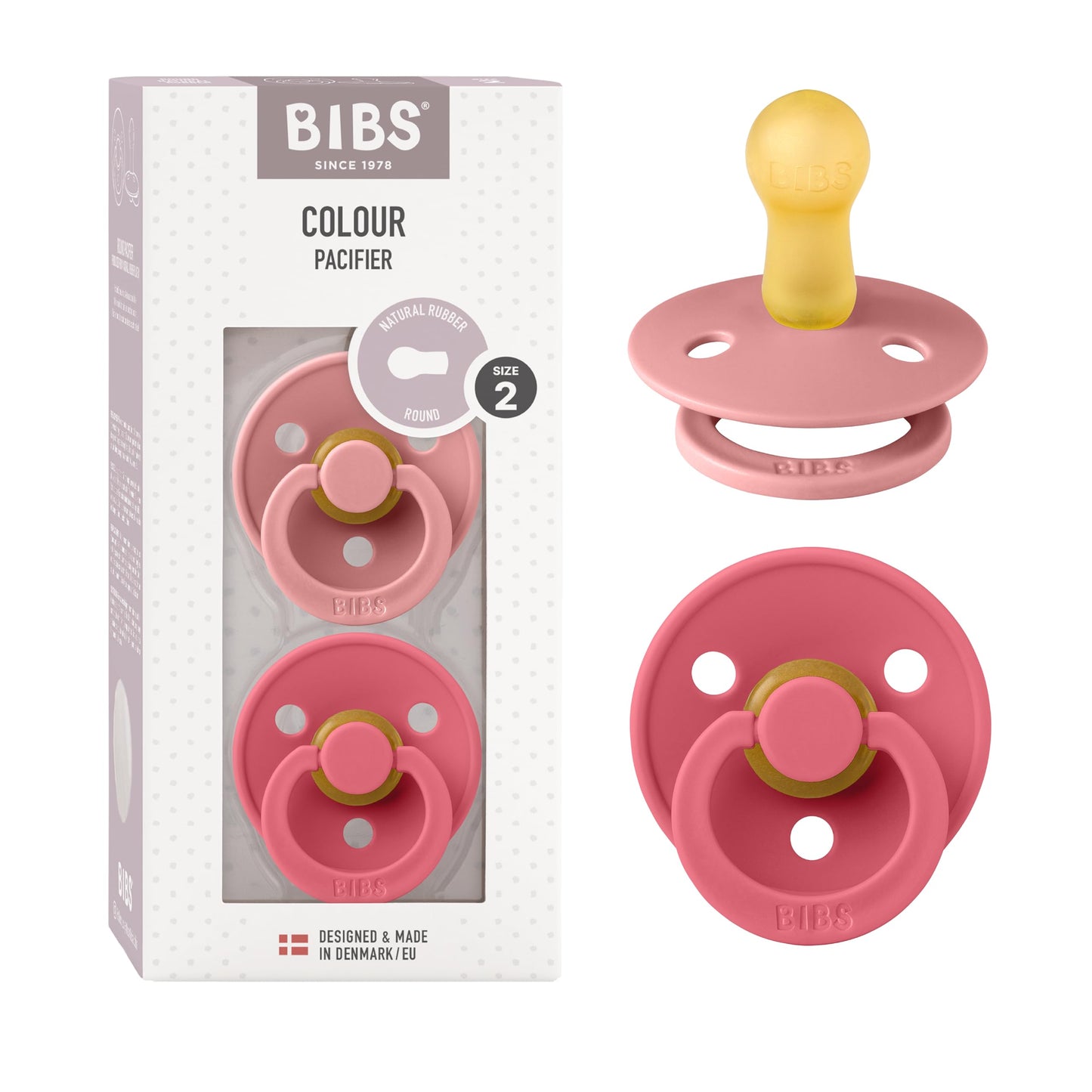 BIBS Colour Schnuller 2er-Pack, BPA-frei, Kirschform Nippel. Naturkautschuk/Latex, Hergestellt in Dänemark. Größe 2 | 6+ Monate | 2-Pack, Coral/Ruby