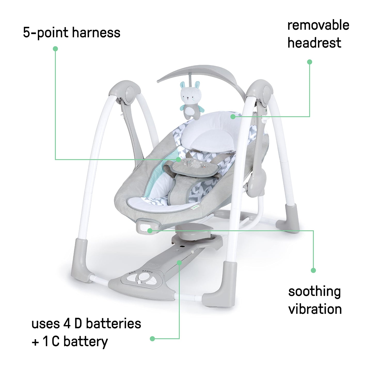 Ingenuity Hugs & Hoots zusammenklappbare & tragbare Babyschaukel, 5 Schaukelgeschwindigkeiten, 8 Melodien, 3 Naturgeräusche, Lautstärkeregulierung und Spielzeugbügel, ab der Geburt bis 9kg