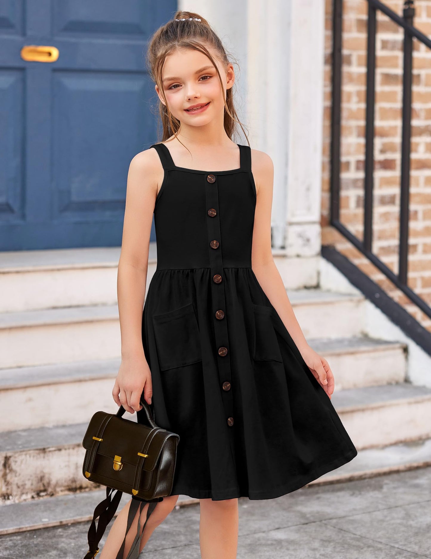 Arshiner Girls Dresses Sleeveless Children's Dress Button Front Strap Dress Summer Cotton Swing Dress Festive A-Line Casual Dress Elegant Dress for Girls 5-14 Years