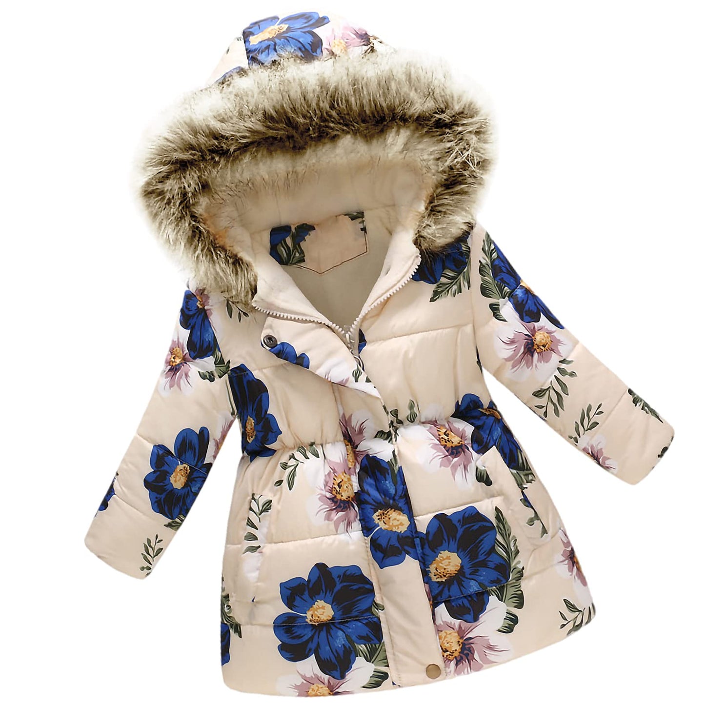 amropi Girls' Floral Winter Jacket with Fur Hood Warm Winter Coat Children's Jacket for 2-10 Years