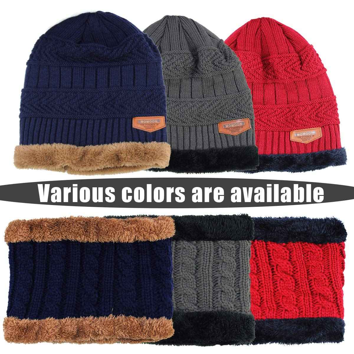 YR.Lover Momoon Dicke Beanie Hut +Schal Set Winter Warmen Schnee Knit Skull Cap für Kinder Jungen Mädchen