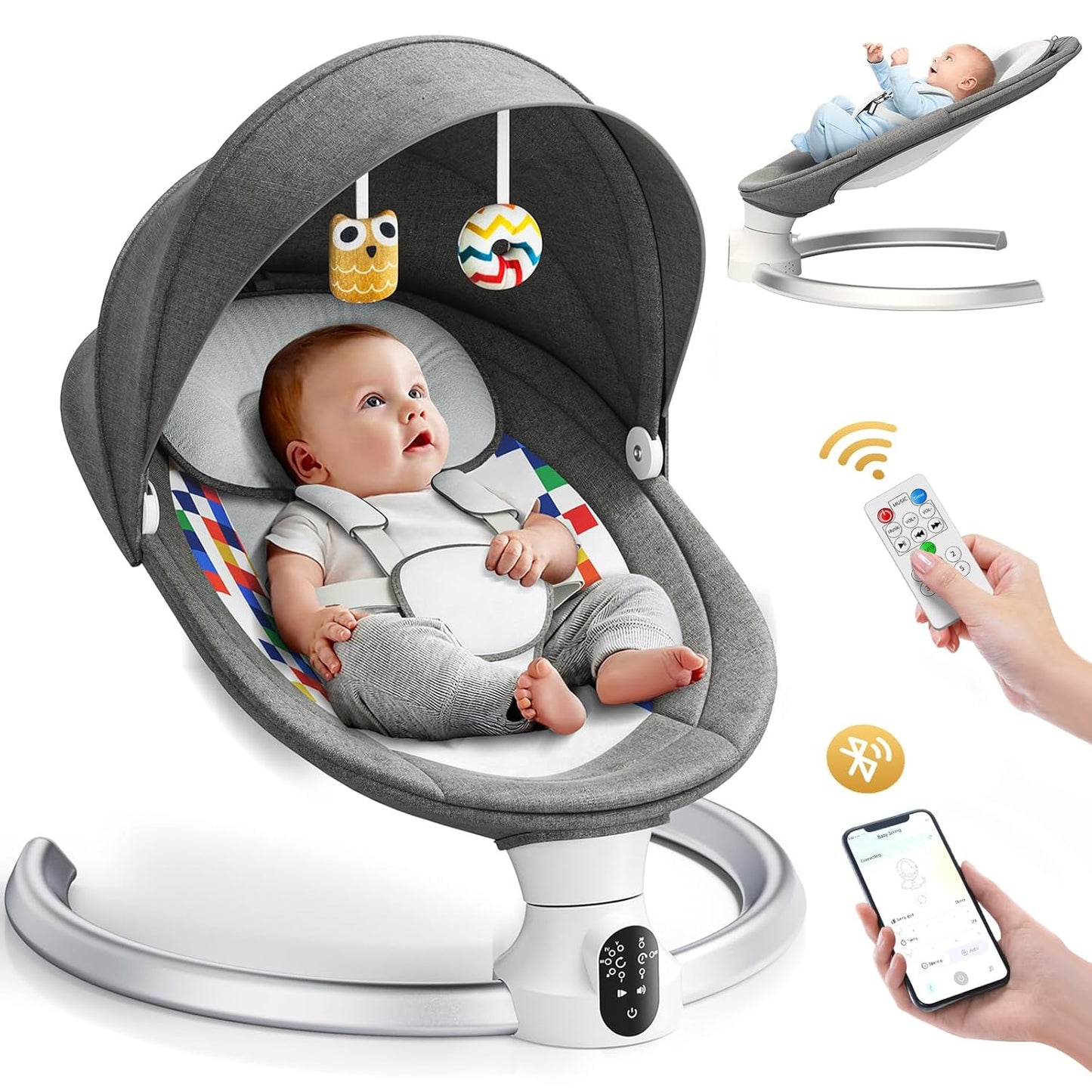 Bluetooth Elektrische Babyschaukel, Upgrade 5-Punkte Geschirr Elektrische Babywippe mit 5 Geschwindigkeiten 3 Timer und 10 Musik, Mobiler APP/Fernbedienung/IMD Panel-Steuerung Babywippen (Dunkelgrau)