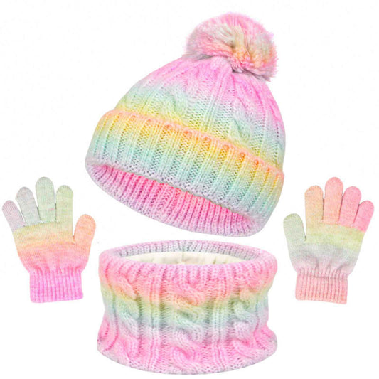 Children's Hat Scarf Gloves Set - 3-in-1 Winter Knitted Hat Scarf and Gloves Set for Children with Pom Pom Beanie, Neck Warmer & Mittens for Boys Girls Age 3-10 Years