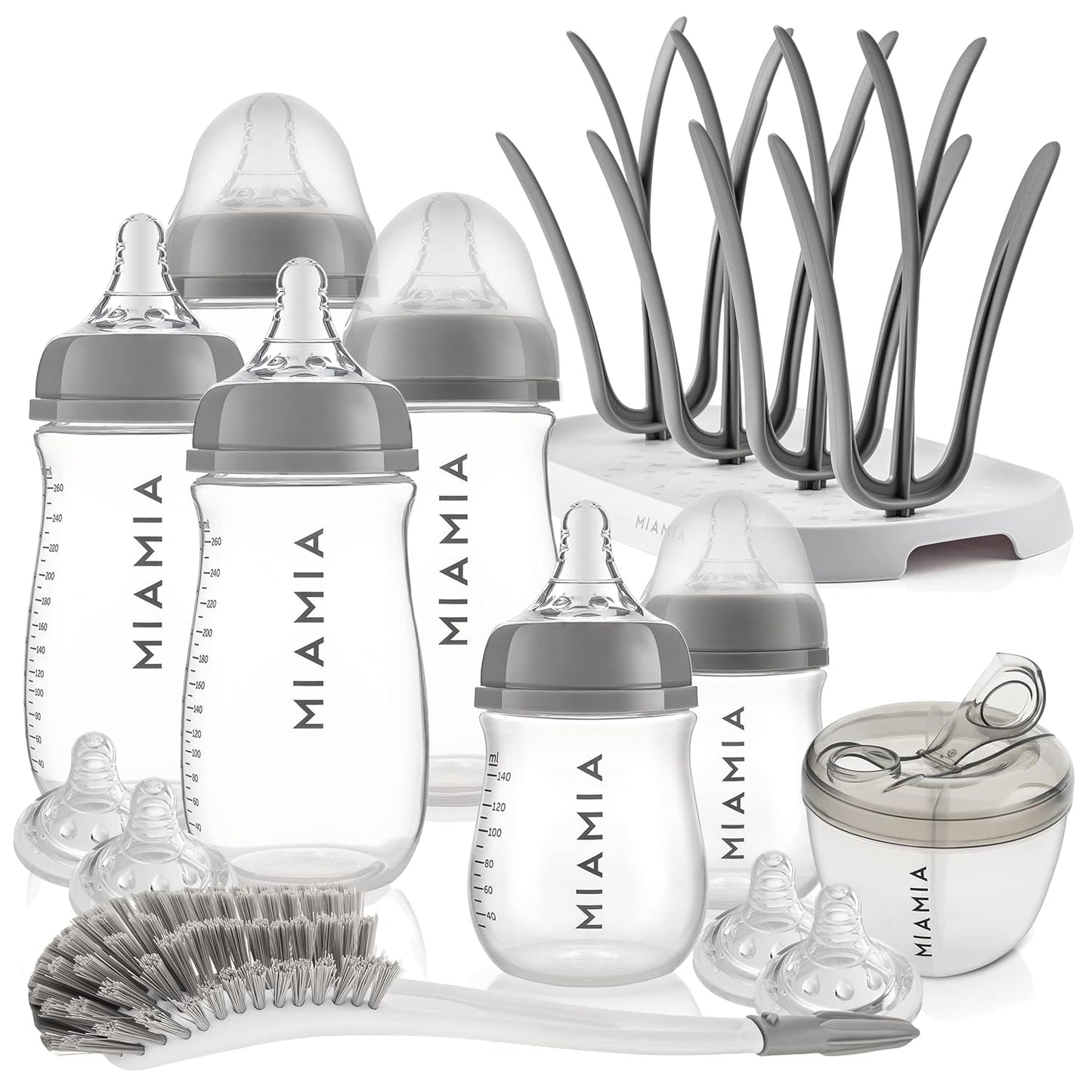 MiaMia 13-tlg. Babyflaschen Set – 6 Flaschen mit Silikon-Trinksaugern | Inkl. Milchpulverportionierer, Bürste & Abtropfständer | BPA-frei, Anti-Kolik & spülmaschinenfest | 2x 140 ml & 4x 260 ml - Meloni2