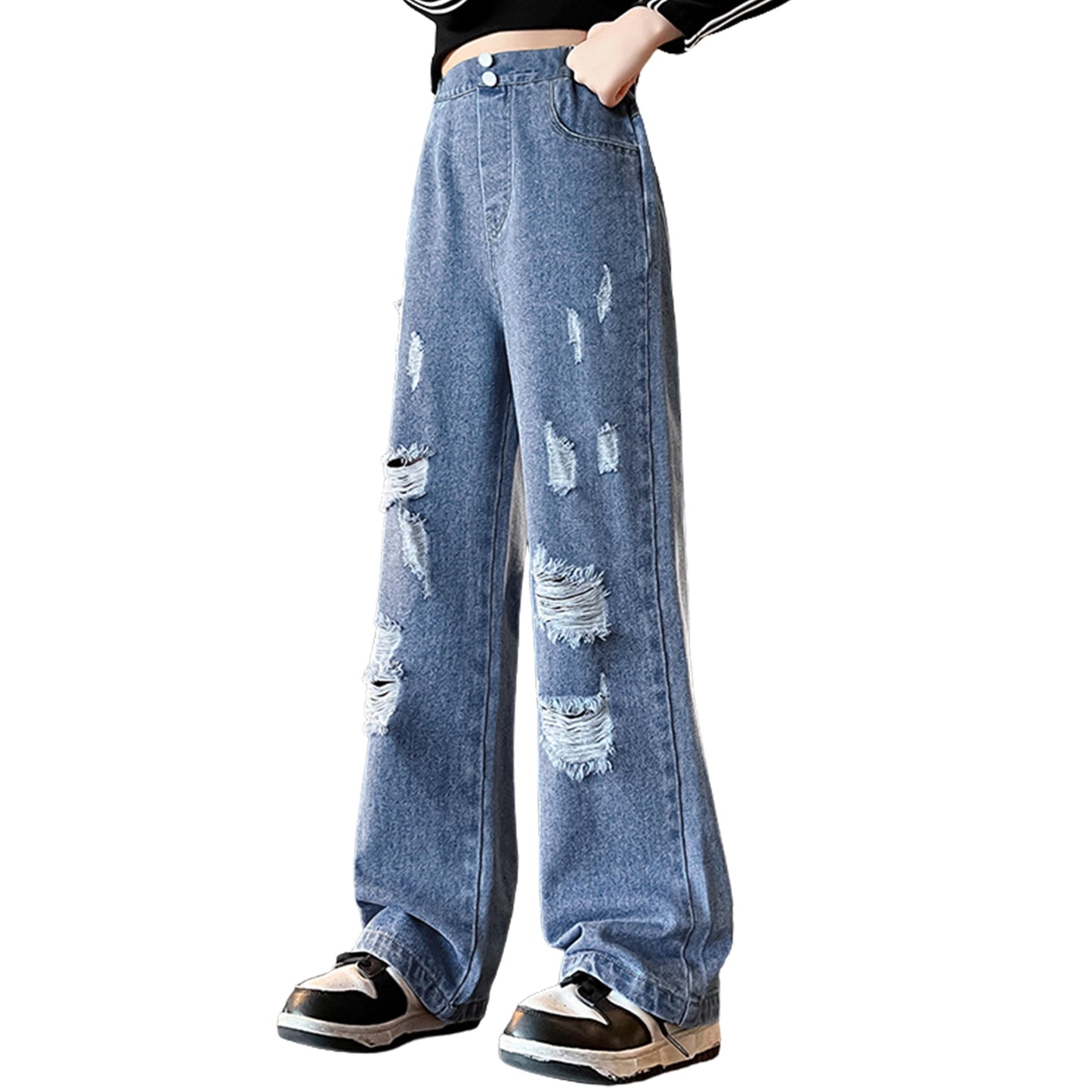Rolanko Girls' Jeans Trousers with Hole, Denim Blue Jeans, Vintage Trousers With Wide Leg for Children