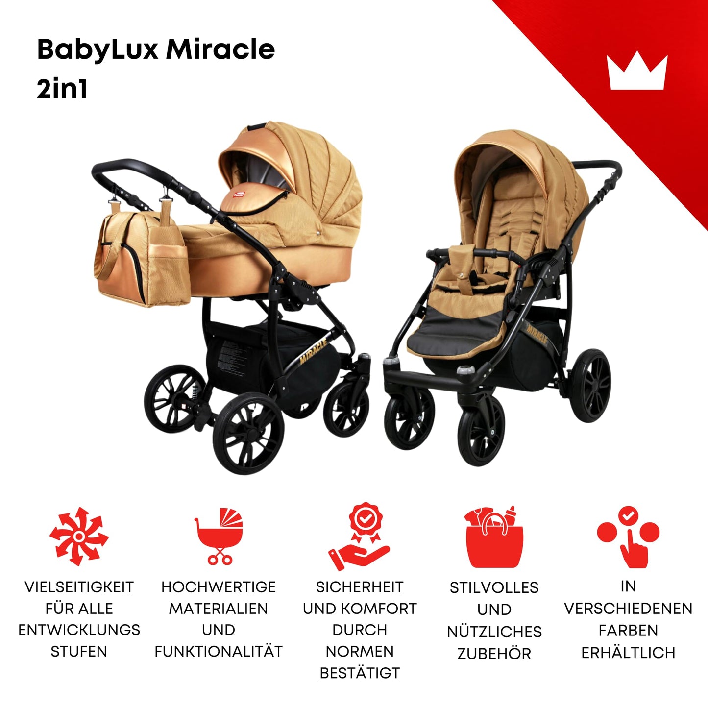 BabyLux Miracle 2-in-1 Baby Pushchair Deep and Pushchair with Accessories Adjustable and Foldable Aluminium Construction Waterproof Non-Removable Wheels Gold Leaf