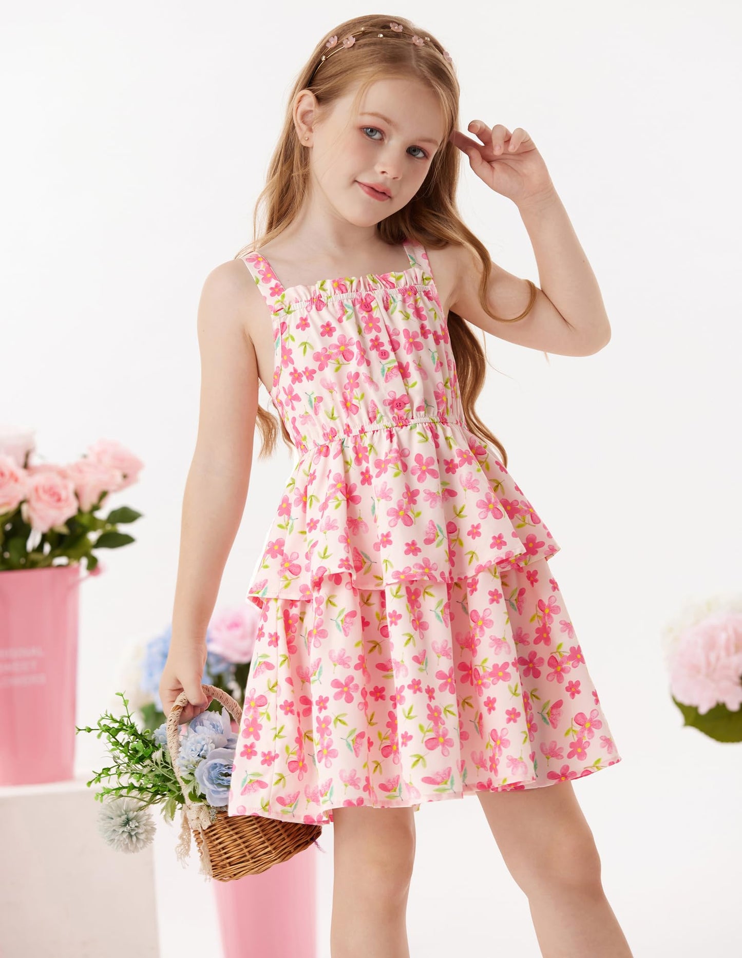 GRACE KARIN Mädchen Sommer Blumen Kleid Kinder Prinzessin A-Linie Freizeit Swing Kleid Verstellbare Spaghetti-Träger Doppelter Saum