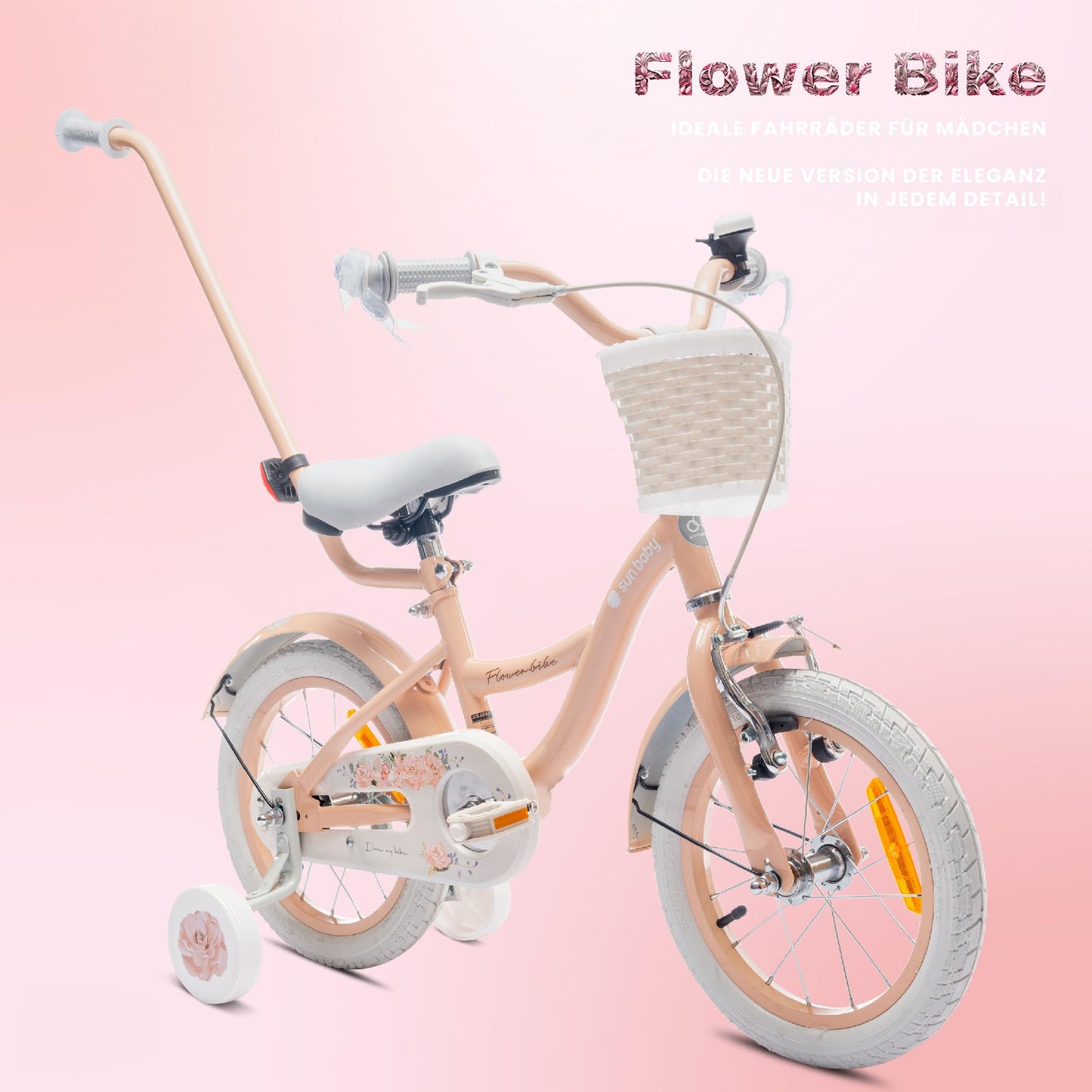 sun baby Mädchenfahrrad Flower Bike Radgröße zur Auswahl, mit Abnehmbarer Schubstange, Kinderfahrrad für Mädchen von 2 bis 6 Jahre