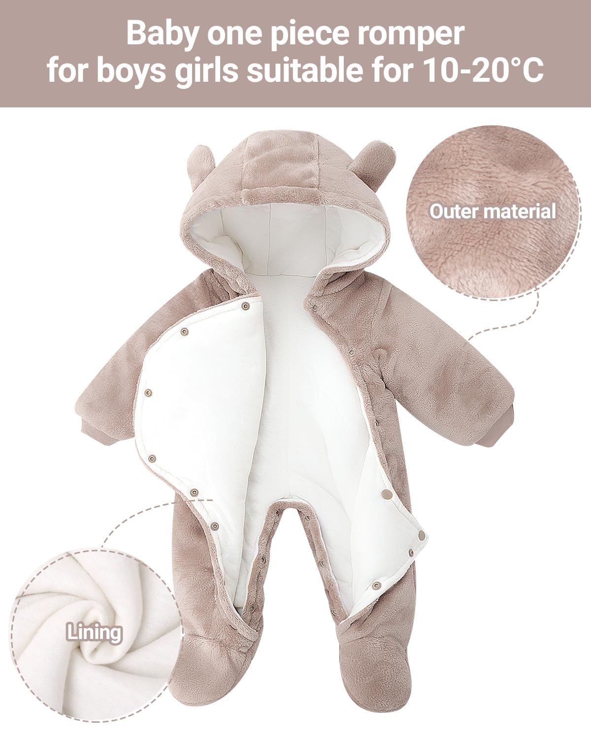 JiAmy Baby-Overall Baby-Strampler Flanell Winter-Strampelanzug mit Füßchen Kapuze Cartoon,Khaki 6-9 Monate