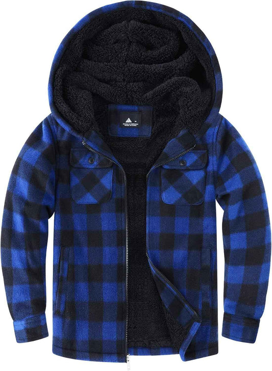 zitysport Shirt Jacket Boys Thick Hoodie Checked Jacket Children with Zip Warm Flannel Jacket Boys Sweat Jacket Outdoor Fleece Jacket Winter Jackets for Boys with Chest Pocket
