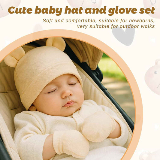 2 Sets Newborn Baby Hat and Gloves Set Beanie Clothing Unisex Infant Hat Nursery Hat Baby Boys Girls 0-6 Months (Apricot, Grey)