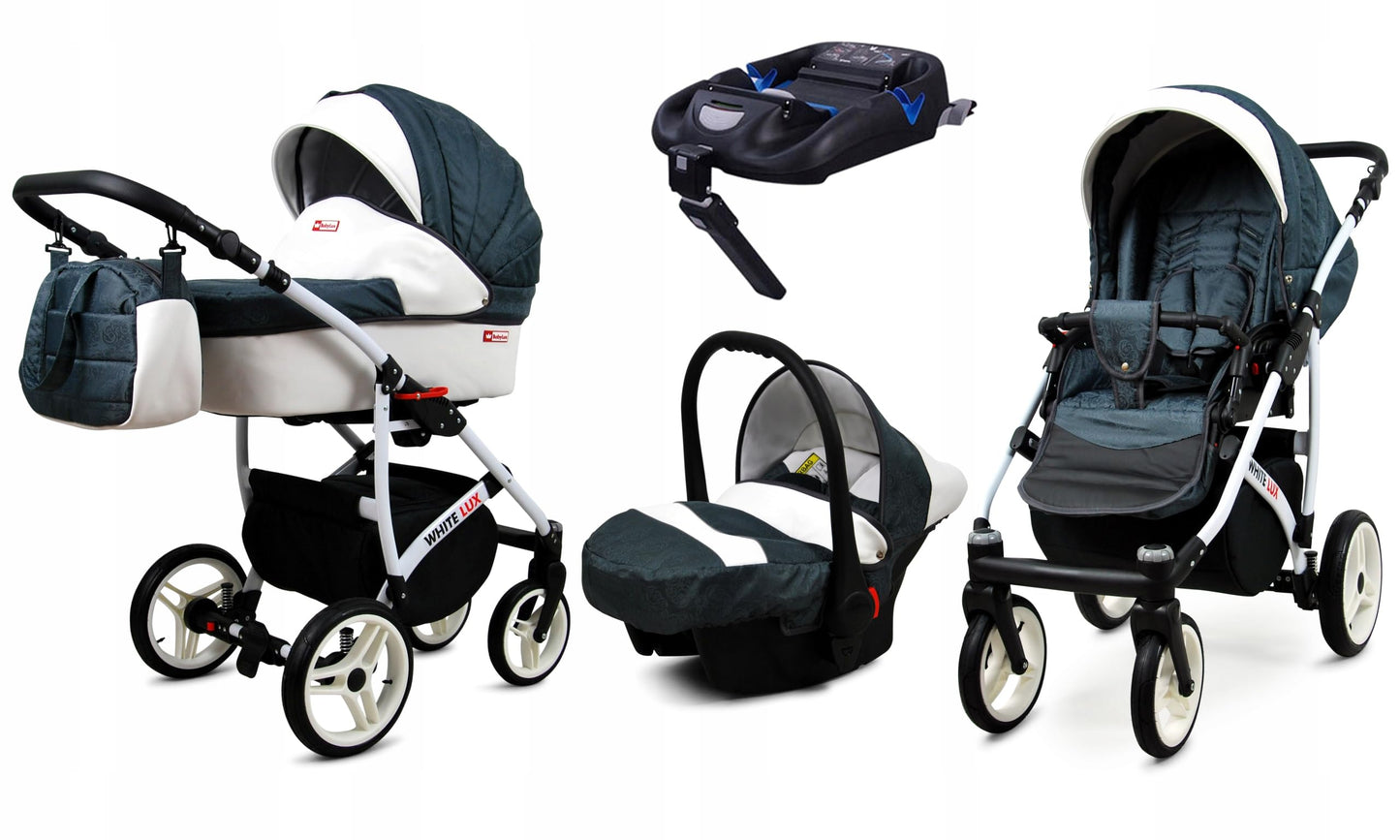 BabyLux® Bambimo Kinderwagen Set 3 in 1 - White Lux - incl. Babywanne, Buggy Sportsitz, Auto-Babyschale - Autositz - Kinderwagenset - Kombikinderwagen mit Wickeltasche, Regenschutz usw.