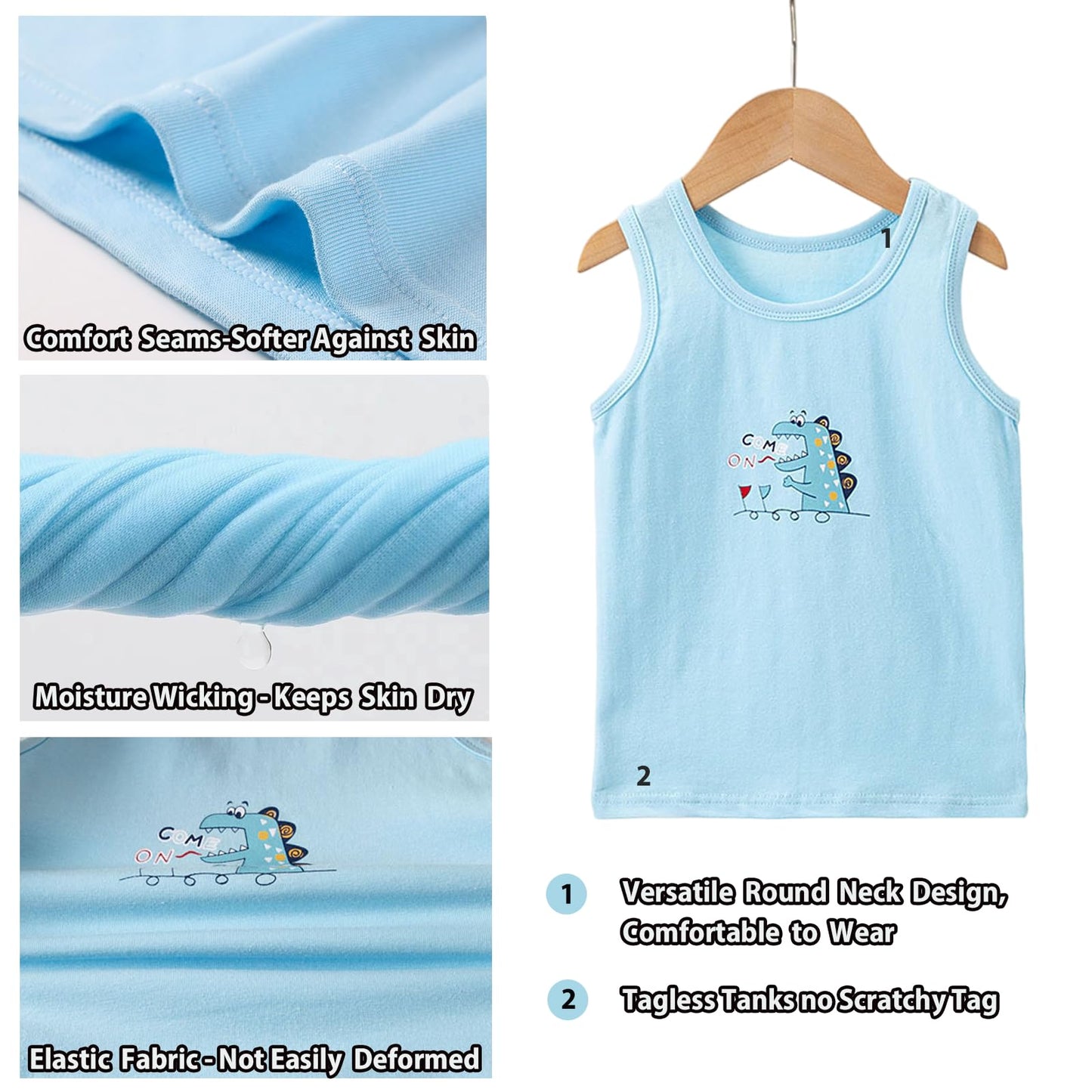 Boletochic 2-10 Years Boys' Vests Cotton Sleeveless Underwear Boys Breathable Soft Tank Tops Pack of 5