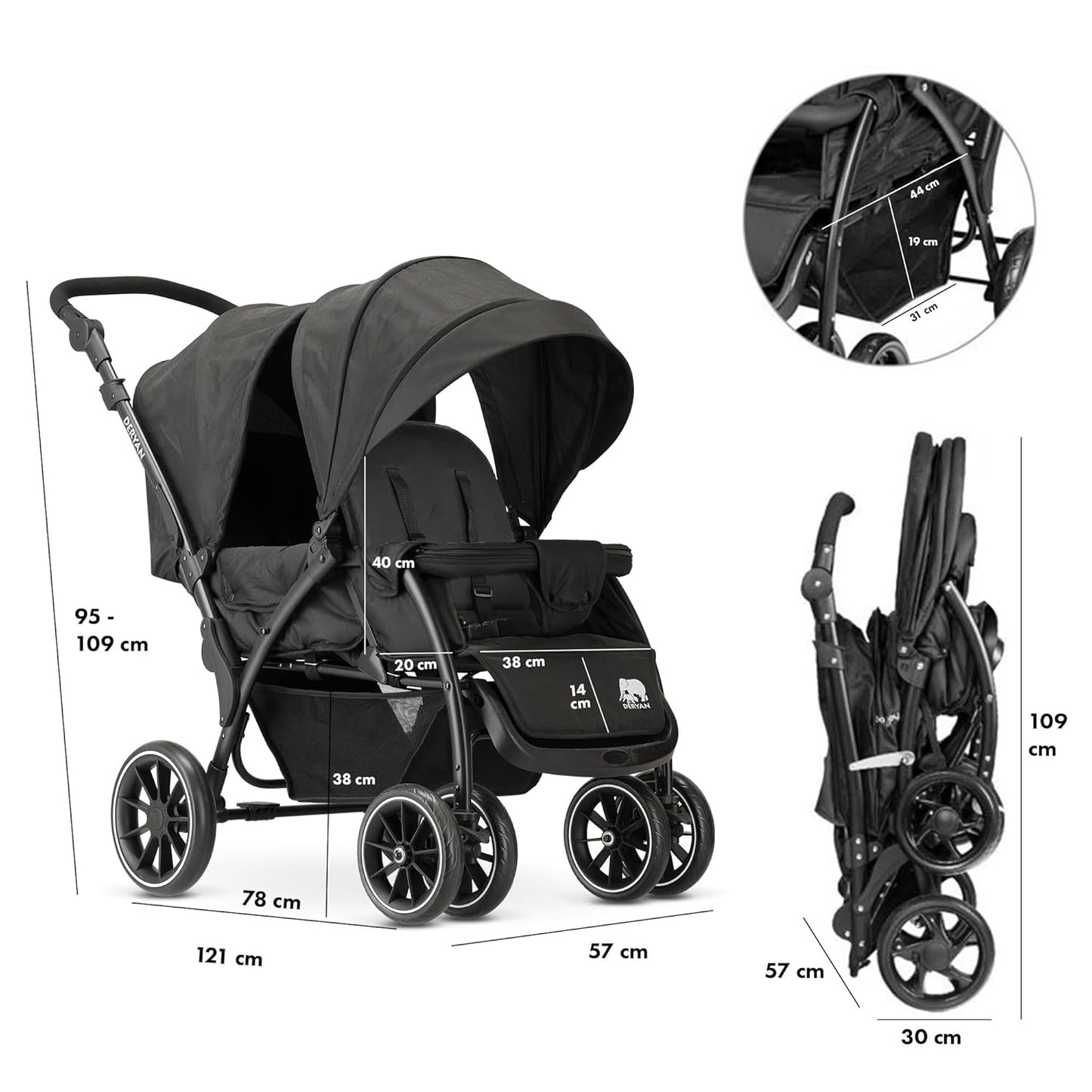 Deryan Elena Duo Tandem for Children - Double Duet with 5-Point Harness System and Adjustable to 4 Years (Black)