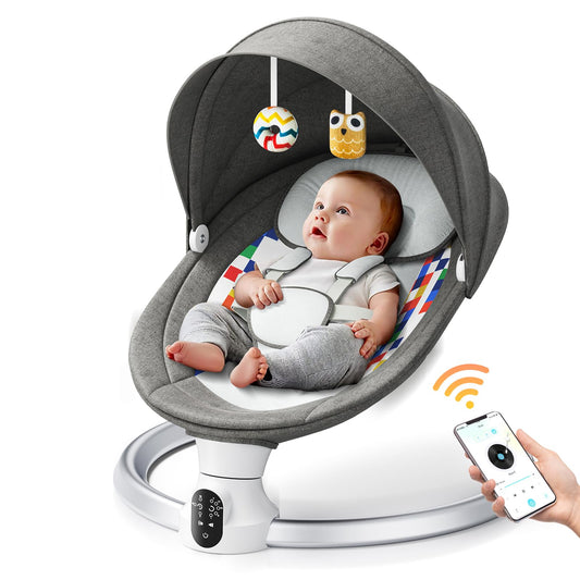 Hlieeosfcn Babywippe für Kinder,Babywippe Elektrisch mit 5 Natürlichen Schaukelgeschwindigkeiten,Elektrische Babyschaukel mit Musik, Nutzbar ab der Geburt bis ca. 6 Monaten,Fernbedienung,Grau