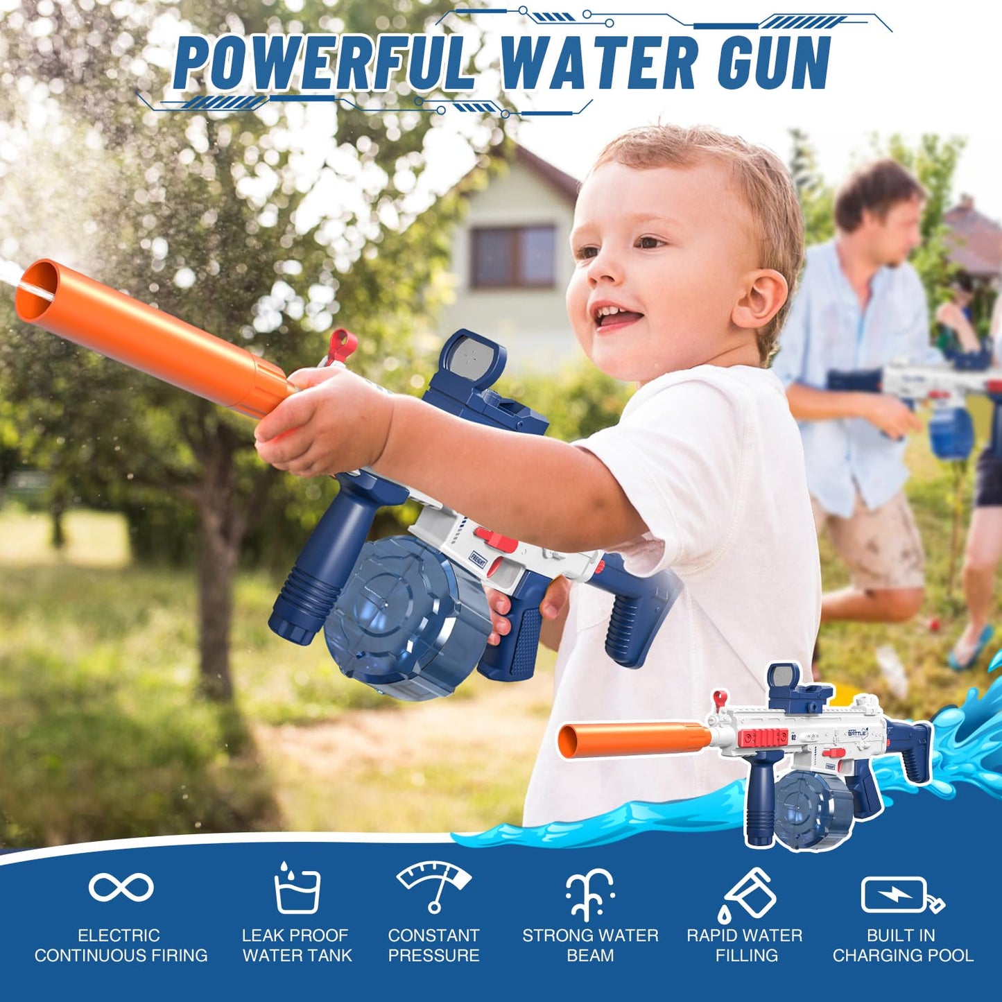 Elektrische Wasserpistole Sehr Stark Wassermaschinenpistole mit Wiederaufladbare Batterie Squirt Gun Wasser Spielzeug bis zu 20ft,Outdoor Water Gun Schießspiel für Erwachsene and Kinder (Blau)