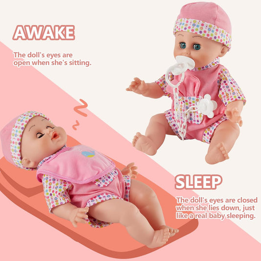 HERSITY Babypuppen Spielset mit 12 Ton und Automatisches Öffnen und Schließen Augen, Puppen Kleider Doktorkoffer Kinder, Lernspielzeug Rollenspiele 2 3 Jährige Mädchen