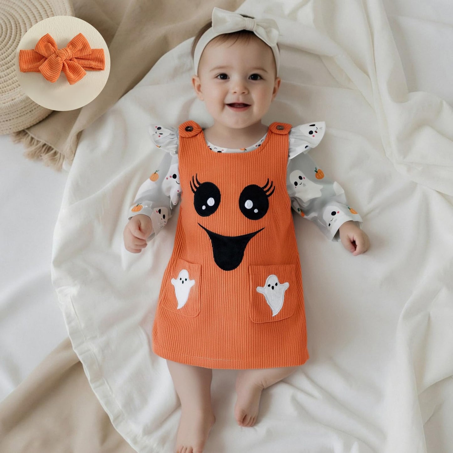 Geagodelia Baby Girl Halloween Clothing Outfit Pumpkin Ghost Baby Clothing Set Body Top + Jumpsuit Dress Newborn Soft Baby Set