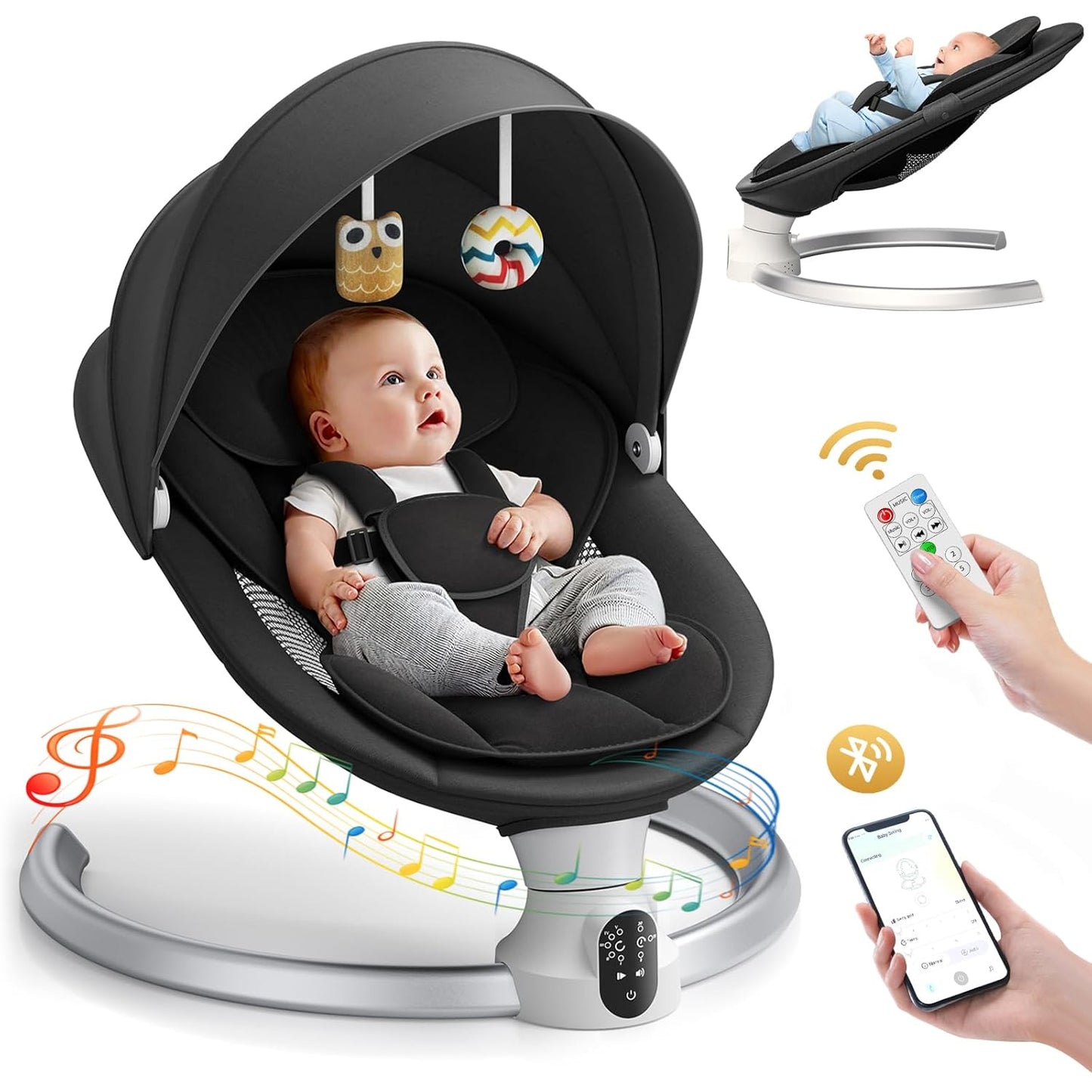 Ixdregan Electric Baby Rocker - App & Remote Control Baby Swing Electric with 3 Timers, 5 Swing Speeds, 10 Music, Bluetooth Connection, Soft Padded Baby Rocker (App Black)