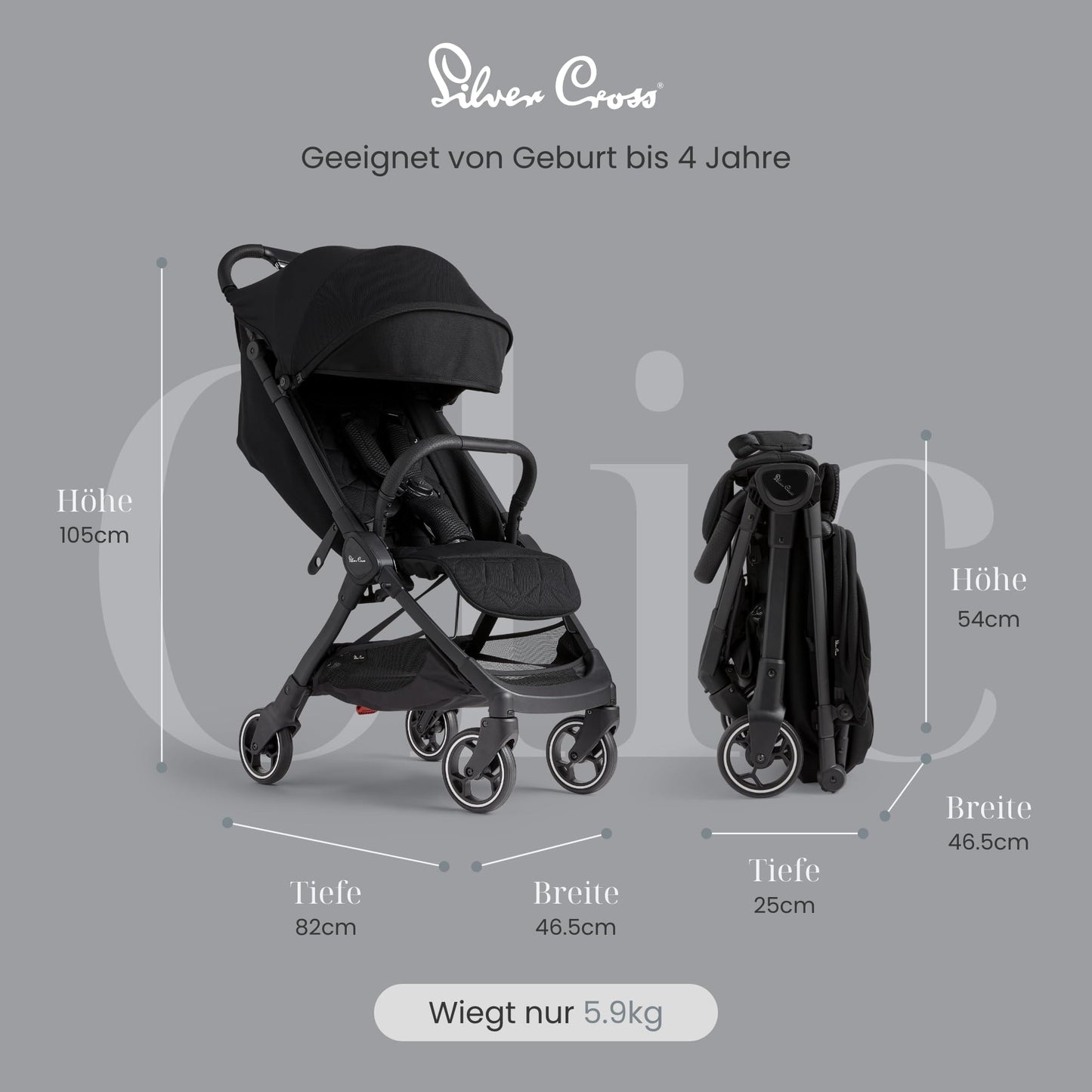 Silver Cross | Clic Compact Stroller | Travel Stroller | Foldable & Lightweight Stroller | Cabin Size | Newborn - 4 Years | Almond
