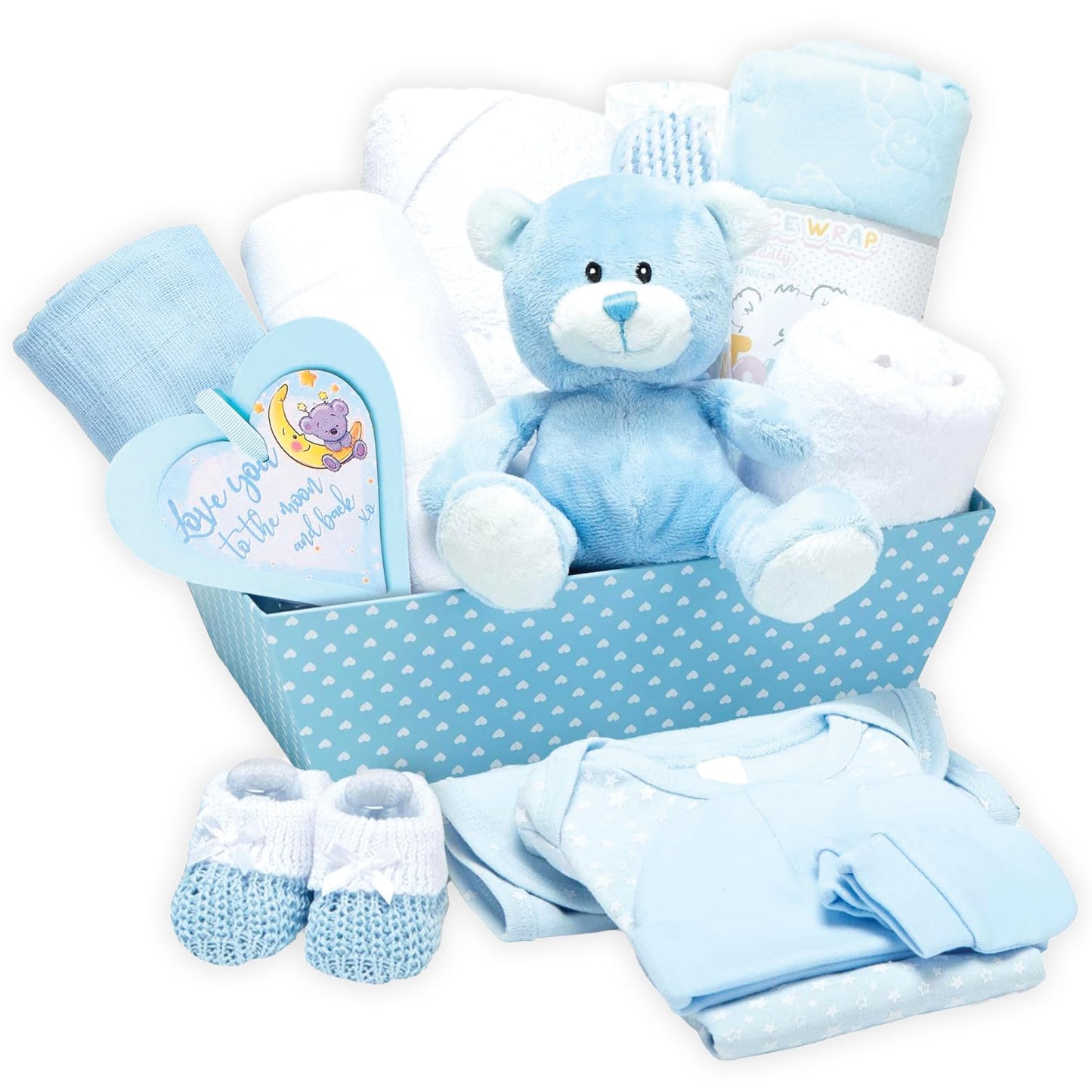 Baby Box Shop 14 Baby Gifts for Birth Boy, Ideal for Baby Showers, Baby Shower Gifts, with New Baby Essentials for Newborn Boys and a Blue Plush Teddy Bear