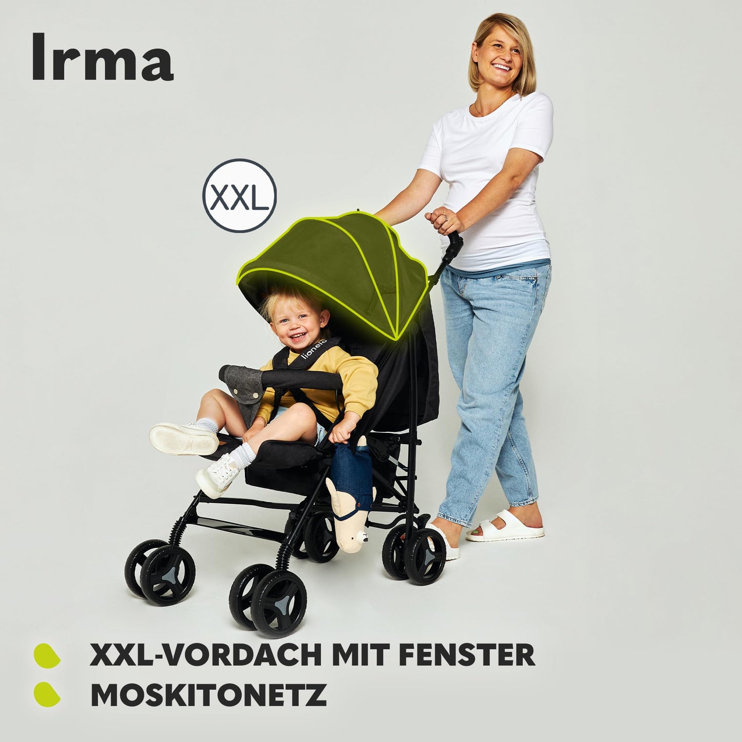 Lionelo Irma Pushchair up to 15 kg, Lightweight Modern Pushchair with Reclining Function, Foldable, Large 6 Inch Wheels, Large Basket, Bag, Mosquito Net