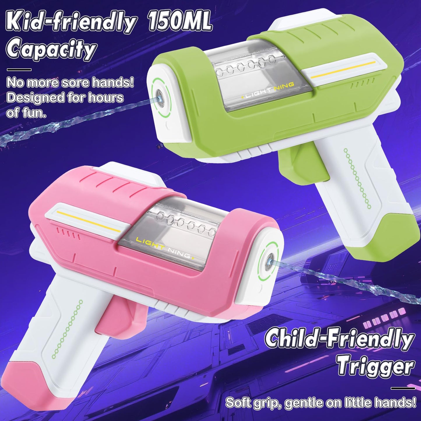 Packung mit 2 Wasserpistolen für Kinder, coole Wasserpistole im Cyberpunk-Stil, klein, Raumdesign, Mini-Wasserpistole, Pool, Strandspielzeug, Wasserpistole, Kinder von 3 bis 4 Jahren, auslaufsichere Wassersprühpistole