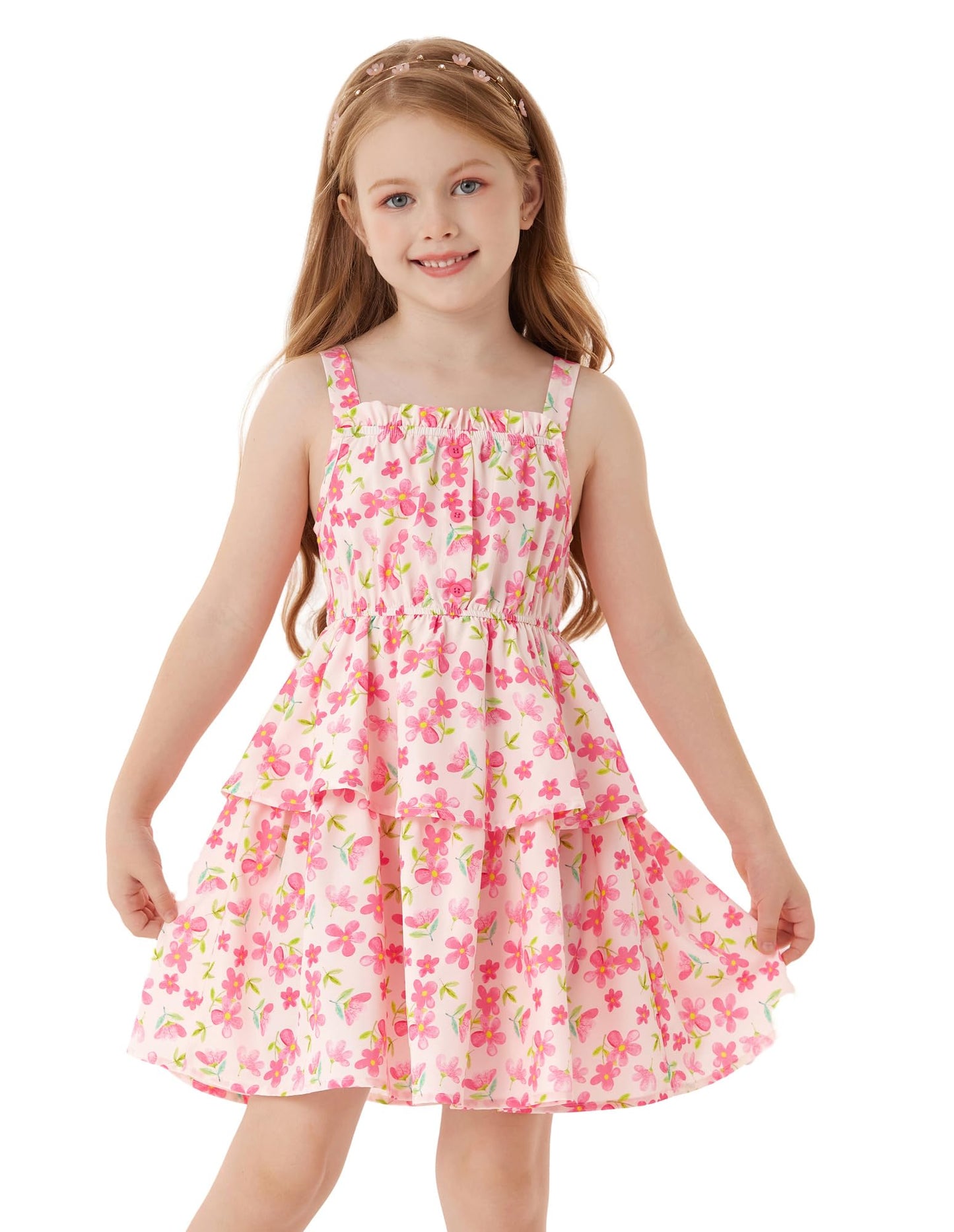 GRACE KARIN Mädchen Sommer Blumen Kleid Kinder Prinzessin A-Linie Freizeit Swing Kleid Verstellbare Spaghetti-Träger Doppelter Saum