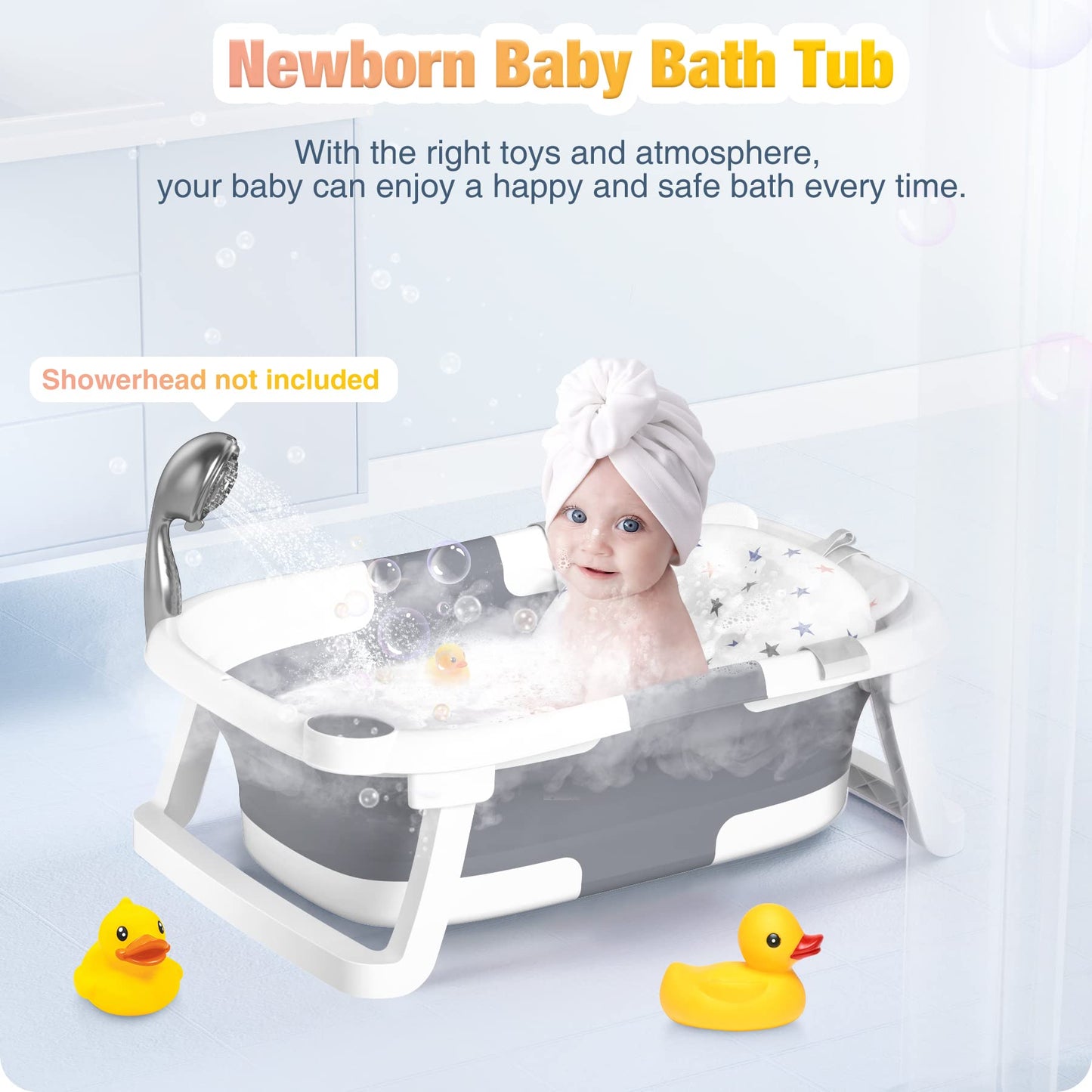 Rabb 1st Baby Badewanne Faltbare, Baby Bathtub Babywanne Faltbar Babybadewanne Tragbare Wanne für Neugeborene Kleinkinder mit Rutschfester Matte und Abflussloch (Kein Thermometer) (Grau)