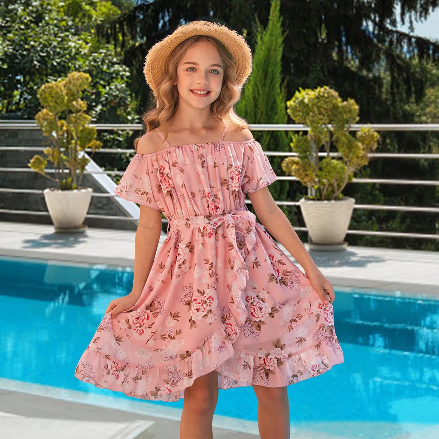 cenozo Casual Dresses for Girls, Chiffon Floral Dress, Off-the-Shoulder Summer Dress with Adjustable Straps, Leisure with Ruffle Sleeves, for Girls Aged 6 to 14 Years
