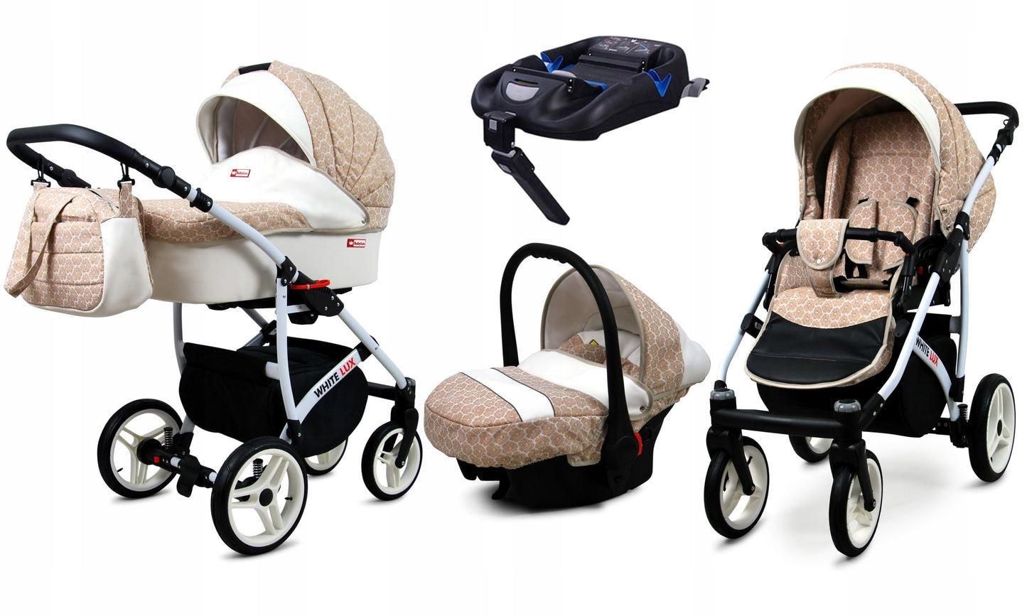 BabyLux® Bambimo Kinderwagen Set 3 in 1 - White Lux - incl. Babywanne, Buggy Sportsitz, Auto-Babyschale - Autositz - Kinderwagenset - Kombikinderwagen mit Wickeltasche, Regenschutz usw.