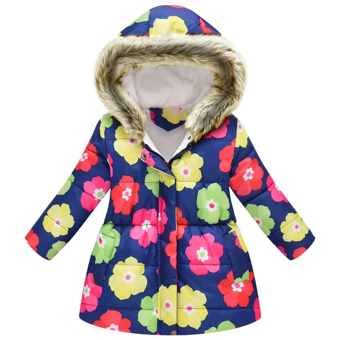 amropi Girls' Floral Winter Jacket with Fur Hood Warm Winter Coat Children's Jacket for 2-10 Years