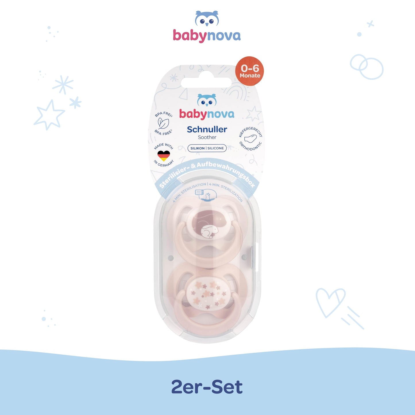 babynova Silikon Schnuller 2er-Set mit Sterilisationsbox - Schnuller Größe 1, 0-6 Monate - kiefergerechter Nuckel – BPA-frei – Made in Germany - Elefanten