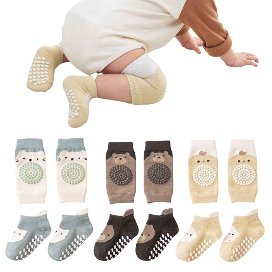 3 Paar Baby Knieschoner und 3 Paar Baby Socken Baby Krabbeln set, Anti Rutsch mit Gummipunkte Krabbelschoner Stulpen Knieschützer für Kleinkinder 0-12 Monate