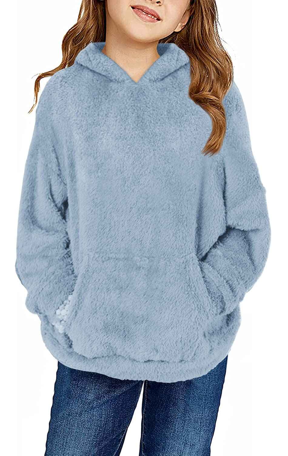 Runcati Girls' Hooded Pullover, Fuzzy Teddy Fleece Sweatshirts with Hood Pockets, Leisure, Warm, Children's Hoodies